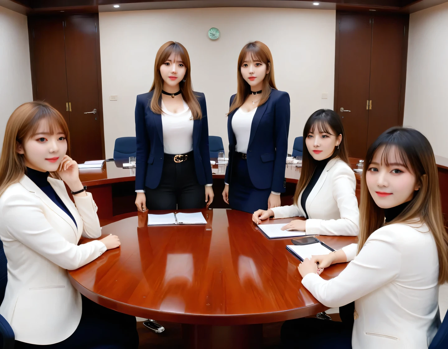Score_9, Score_8, Score_8upScore_7, Best Quality、masterpiece、group、(White tight shirt、Navy Blazer)), Large Breasts, ((Layered Haircut)), Slender body, Slim face(8k,Best Quality),Mid-range shooting, Adorable, smile, Long brown hair, 32K, masterpieceHighest image quality,Ultra-high resolution,Perfect hands,Black Choker、Almond Eye、bangs、Very thick and long eyelashes, Perfect Makeup, There is a table in the center of the conference room., Two women are sitting on either side of it and discussing something..、Serious discussion during the meeting、There are documents on the desk