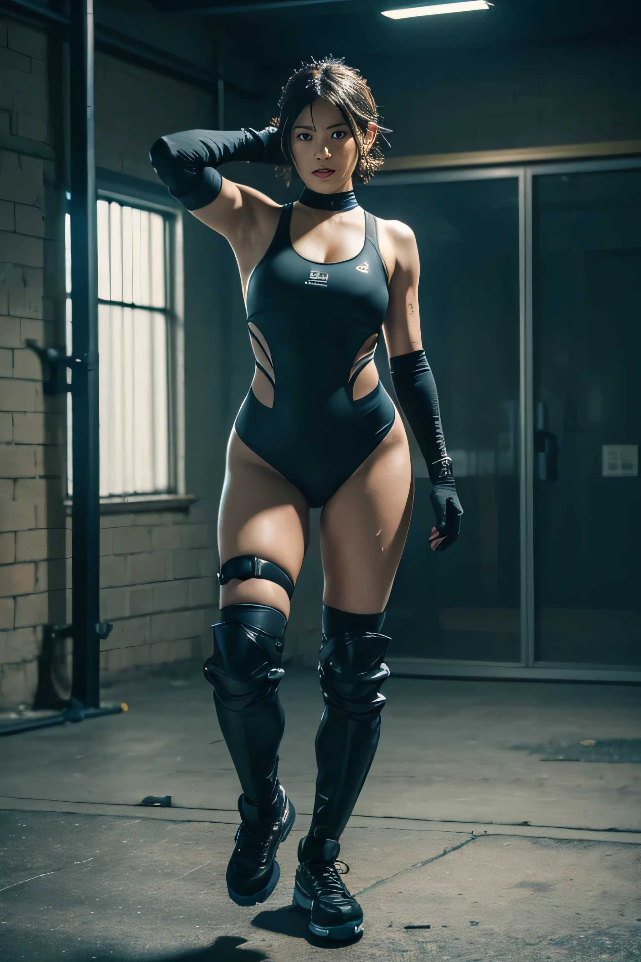 A plump girl, muscular and prominent, adorned in full-body racing swimsuit, short hair, black tights, standing in abandoned laboratory, action pose, with a choker, fully encompassing arm guards, with long black gloves, fully encompassing knee guards, with long black boots, sweaty face, sweating a lor, sweating a lot, steam, ready to fight, real texture material:1.2, professional photo, cinematic), high definition, best quality, high res, ultra-detailed, ultra-fine painting, extremely delicate, anatomically correct, symmetrical face, extremely detailed eyes and face, high quality eyes, creativity, RAW photo, UHD, 32k, Natural light, cinematic lighting, masterpiece-anatomy-perfect, masterpiece:1.5