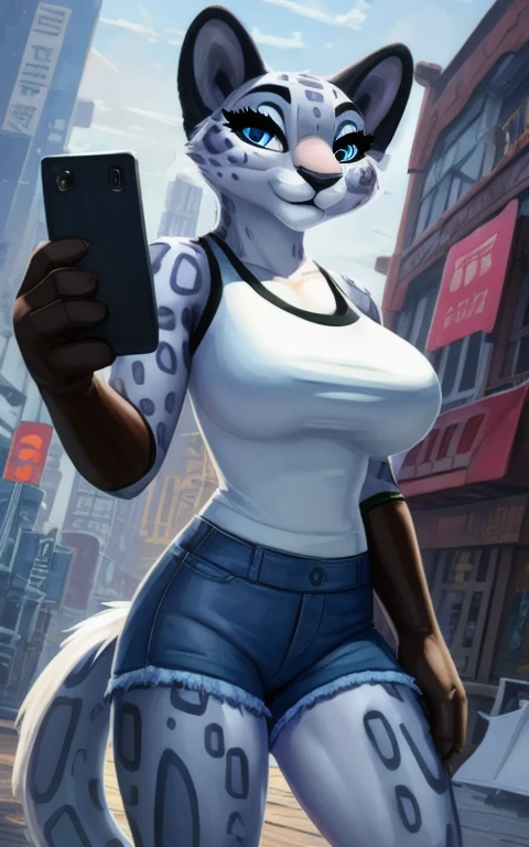 8K Yen,4K,((Best Quality, masterpiece, Ultra-high resolution)),((whole body, от pixelsketcher)), Song,Fluffy, A perfectly beautiful face, Perfectly detailed eyes, White top, gloves,blue eyes,sleeves, Big Breasts, Fluffy female,snow leopard, Animal Nose, Animal ears, child,Denim shorts, Create,Eyeshadow, brown,  City Background, hot, sexy, Gaze gently at the viewer, Tail, Selfie