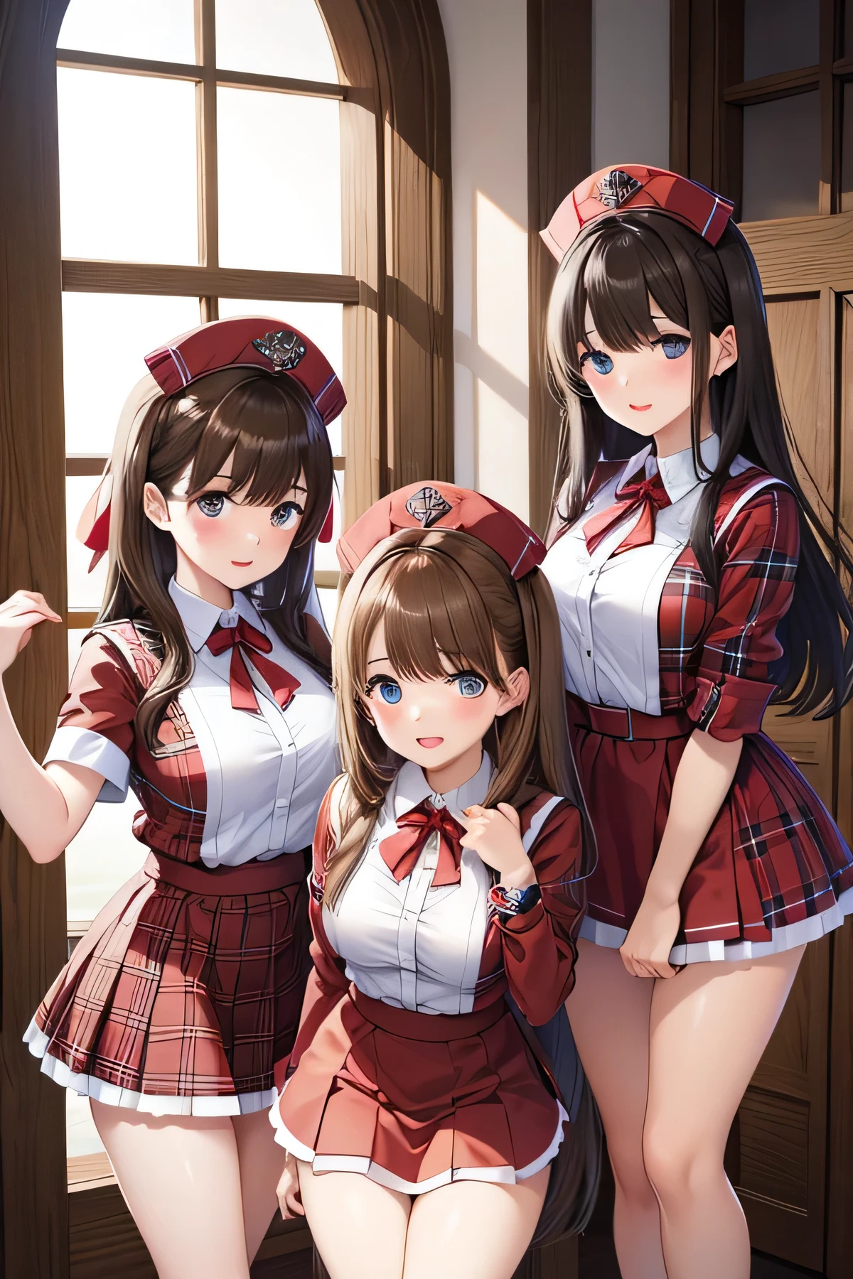 Shiny brown hair, (Dark red plaid ribbon), some very nice animated cartoon is shot of three sexy girls in maid outfits, 3girls, multiple girls, censored, is, hat, blonde hair, mosaic censoring, green eyes, take your pick, looking back, pussy, blue eyes, black hair, long hair, open mouth, brown hair, blush, nurse cap