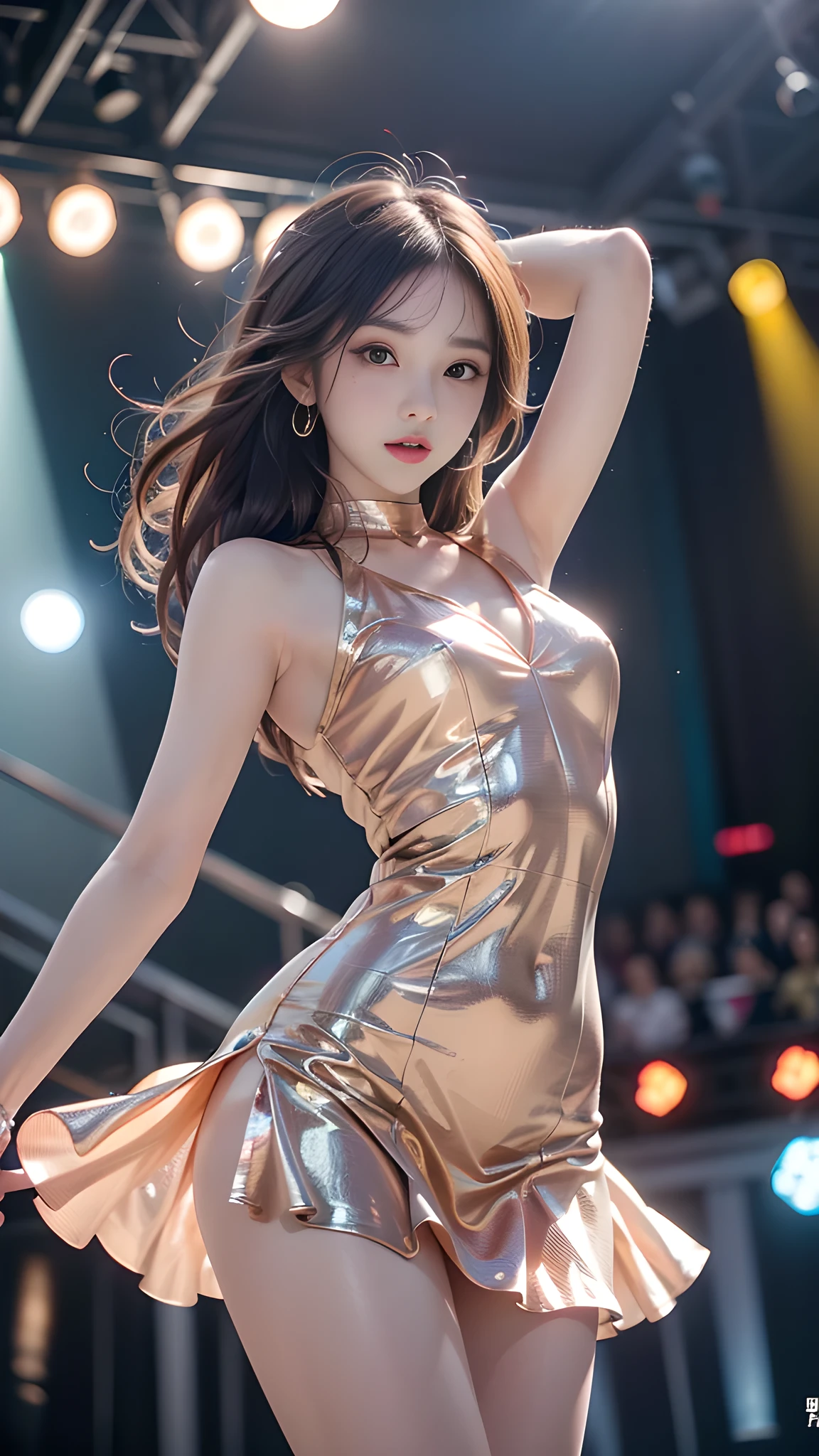 ulzzang-6500-v1.1, (RAW photo: 1.2), (Real photo), (Real photo: 1.4), 1 girl、Perfect anatomy、1、Looking at the camera、Medium length hair、dance dress, ((performing on stage: 1.1))、(Business service)、Asian eyes Ella,