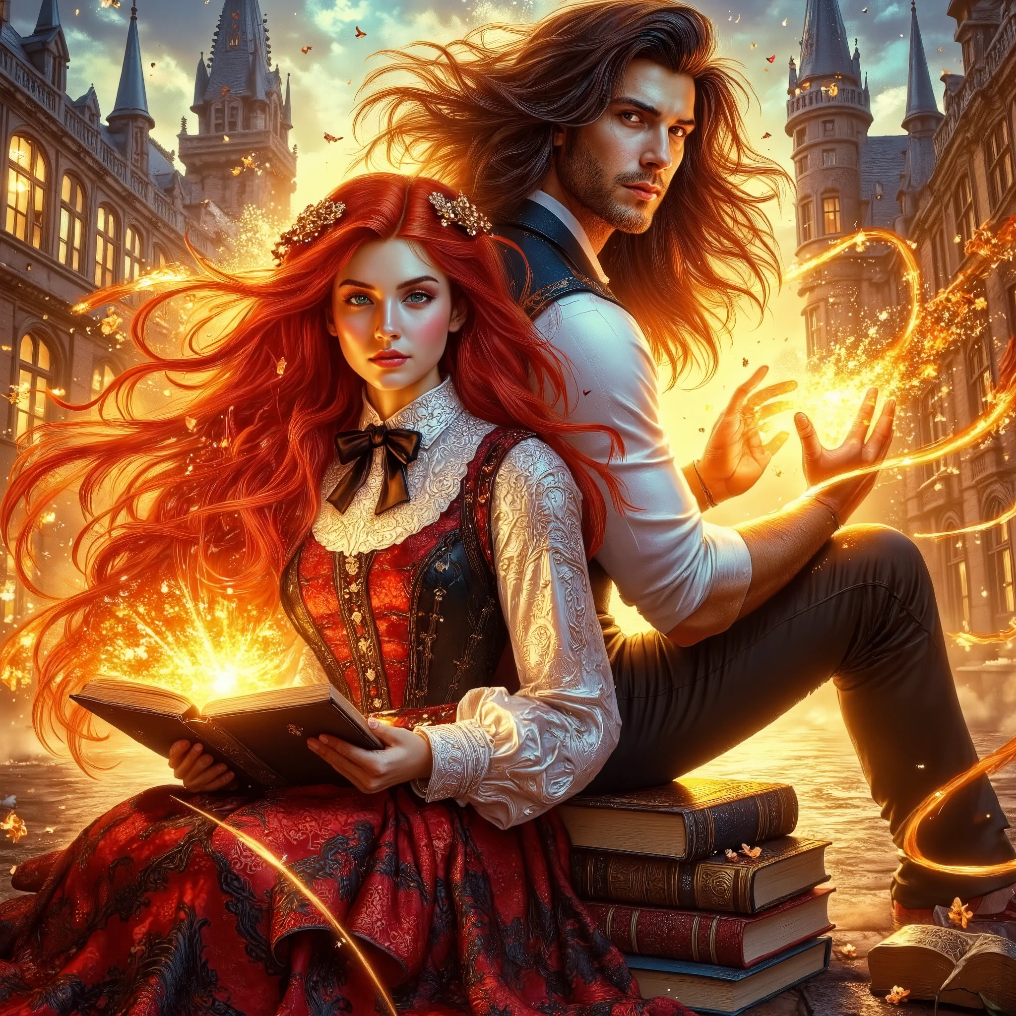 (masterpiece, hd, ultradetailed, hyperrealistic: 1.5) Hyperrealistic photorealistic for a emotional book cover.full-length strong handsome-prince-student sit with long-haired beautiful 20-year woman-studen, dressed in school uniform, near Academy. ultrahigh detail. greg hildebrandt. Colorful complementary colors scene,lots of details. ultra Dynamic unusual angle. FOR THE COVER dynamic scene, lOOK AT ME! Magical fantasy world,book cover,ULTRADETAILED natural landscape IN THE BACKGROUND bright additional colors, magic, ultra-highdetail,perfect natural proportions.model faces. perfect anatomy, detailed hand and fingers, ideal silkglossing hairs, ultrssparkling gold artefacts, ultratextured and patterned textile, countour body\'s glowlight. glowing light magic in air