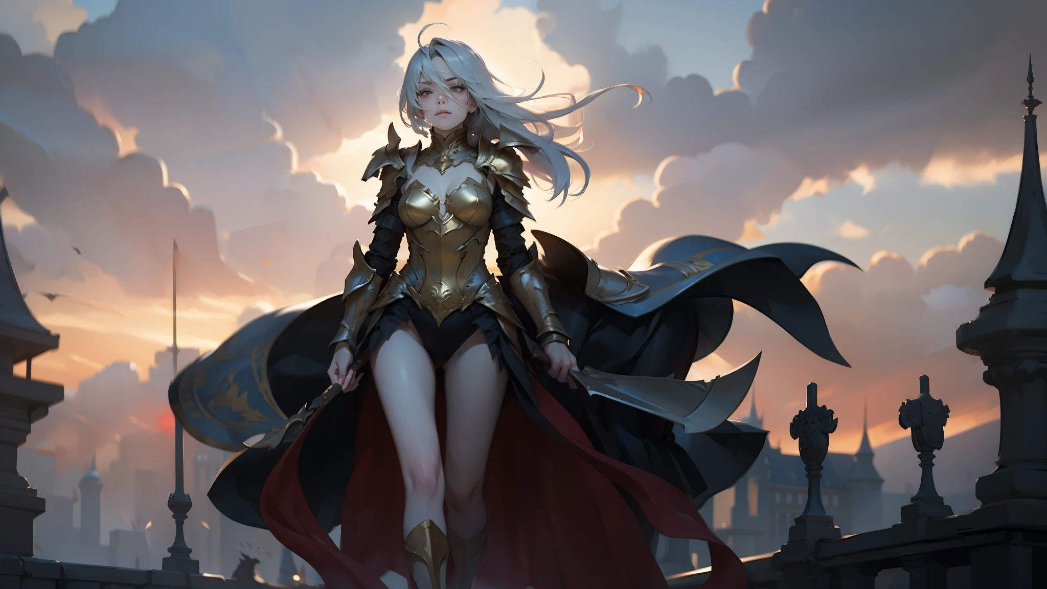 1 girl, adult woman, Alone, g0ld3mb, silver hair, long hair, windy, (golden aura magic), detailed face, beautiful face, detailed eye, , melancholic, a faraway look, circlet, regal, dress, light and darkness, Castle roof, wide view, full body, perfect anatomy, elegant dress, beautiful BikiniElfGirl, War_Glam, a woman in body armor, wearing see trough dress, 