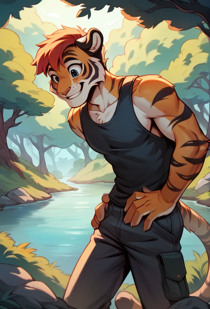 A tiger, with sleeveless suit, Hairstyle (copete), arrested, in a forest, trees, rocks, river, bottom, smiling, happy, DETAILED youthful face, ojos DETAILED, hands on hips, DETAILED, high quality, 4k.