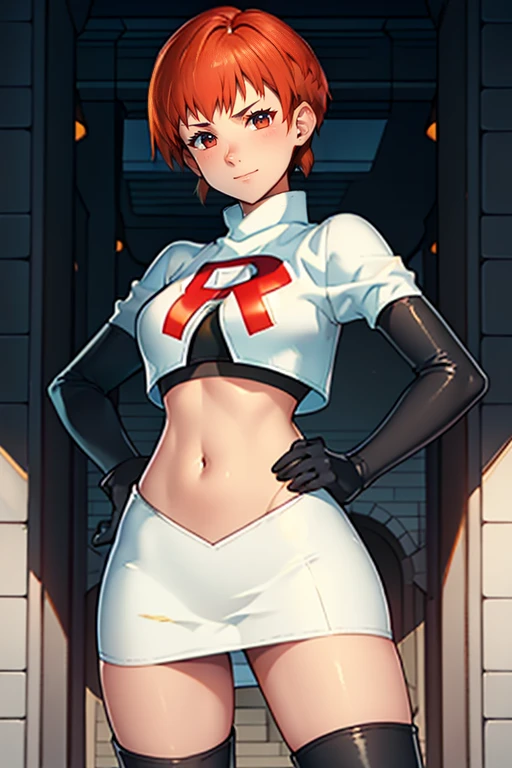 leonie pinelli, orange hair ,short hair ,earrings, glossy lips ,team rocket uniform, red letter R, white skirt,white crop top,black thigh-high boots, black elbow gloves, evil smile, hands on hips