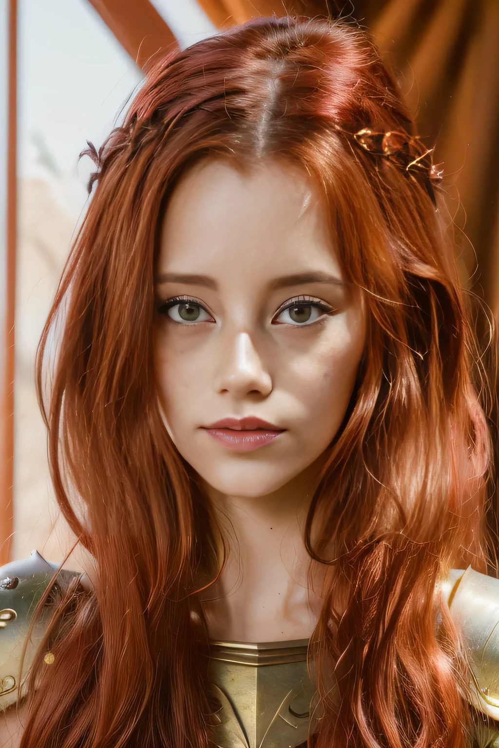 Fantasy, medieval, young, girl, ((best quality)), ((masterpiece)), (detailed), perfect face, beautiful sexy elf, standing, heroic pose, redhead, big eyes, green eyes, black eyeliner, freckles, laurel crown, red elven armor, under boob, cameltoe, creampie leaking, luxurious tent interior