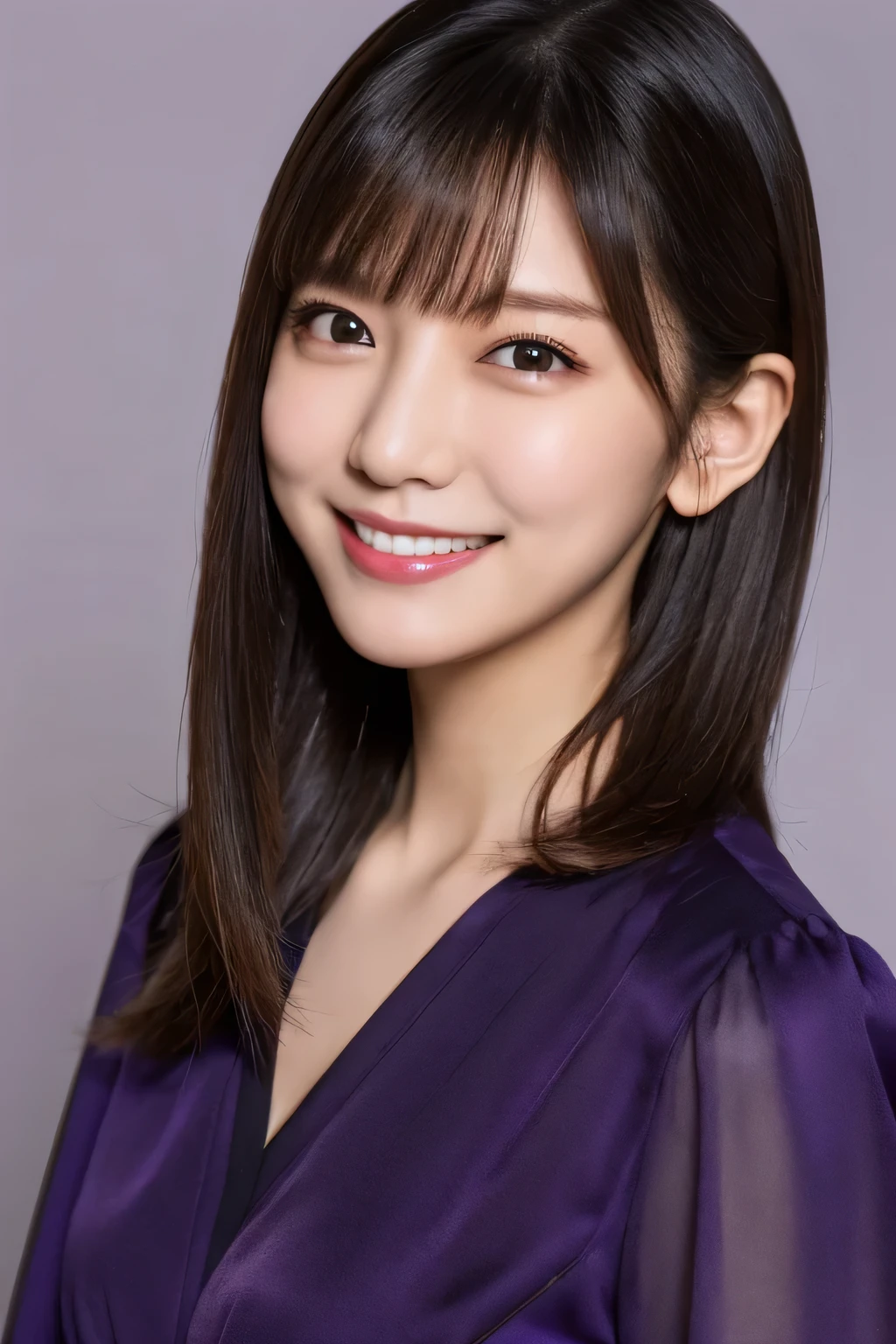 1 girl, (Wearing a deep purple outfit:1.2), Very beautiful Japanese idol portraits, 
(RAW Photos, highest quality), (Realistic, Realistic:1.4), (masterpiece), 
Very delicate and beautiful, Very detailed, 2k wallpaper, wonderful, finely, Very detailed CG Unity 8k wallpaper, Very detailed, High resolution, Soft Light, 
Beautiful detailed girl, Very detailed目と顔, Beautiful and sophisticated nose, Finely beautiful eyes, Cinema Lighting, 
(Simple light color background:1.3),
(Medium Hair), 
Complete Anatomy, Slender body, Small breasts, smile,dynamic production, cinematic lighting 