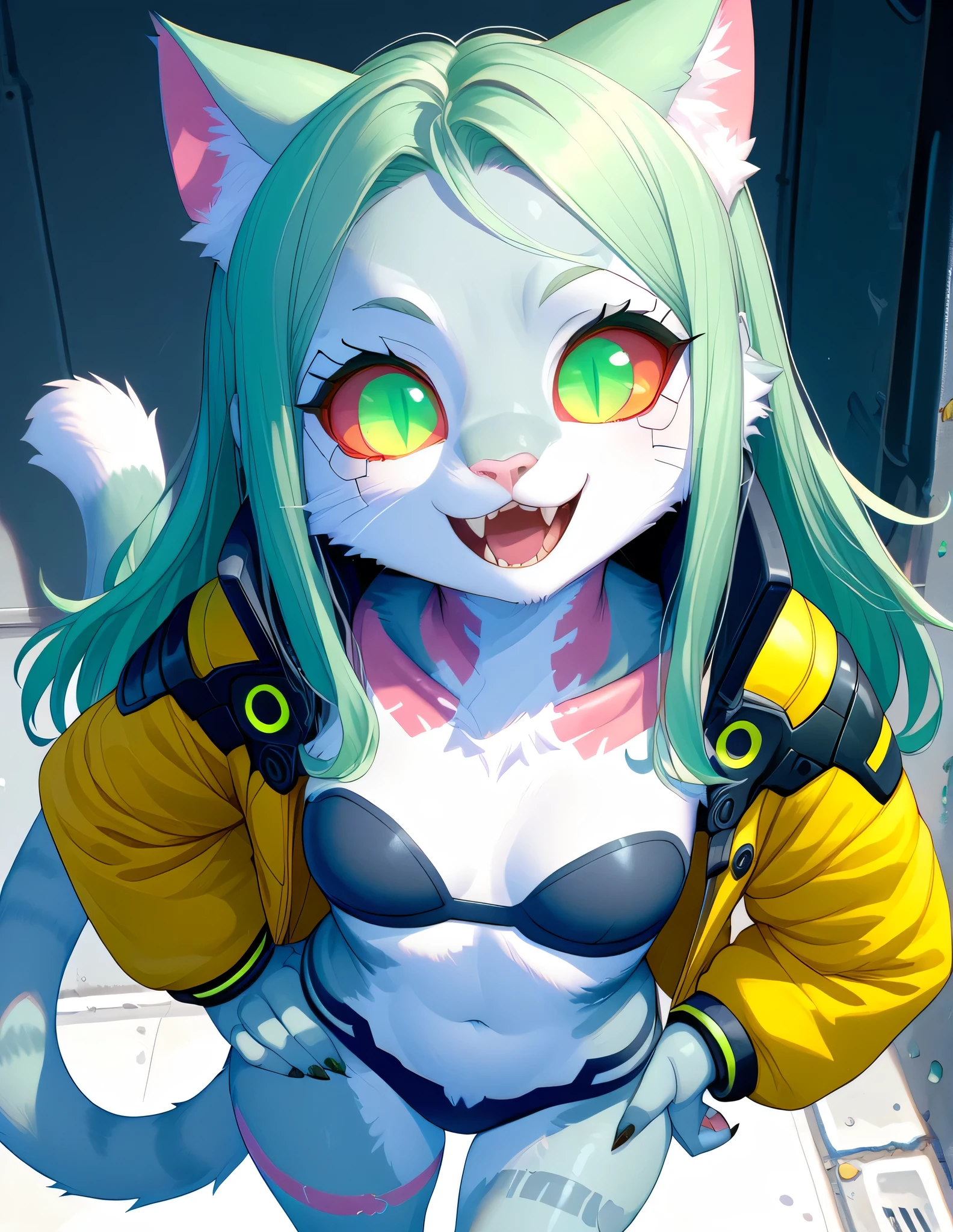 score_9, score_8_up, score_7_up, source_anime, Anthro, kemono style,kat, 1girl,solo, accaeberpnxl, rebecca \(cyberpunk\), (Anthro cat girl, cat mechanic ears, fluffy cat tail):1.2, long hair, green eyes,slit eyes, green hair, white fur,black panties, mechanical eye, bra, solo, colored sclera, open mouth, colored skin, hand on own hip, black sharp nails,yellow jacket, navel, white skin, smile, open jacket, cyborg, open clothes, teeth, strapless bra, sunglasses, from above