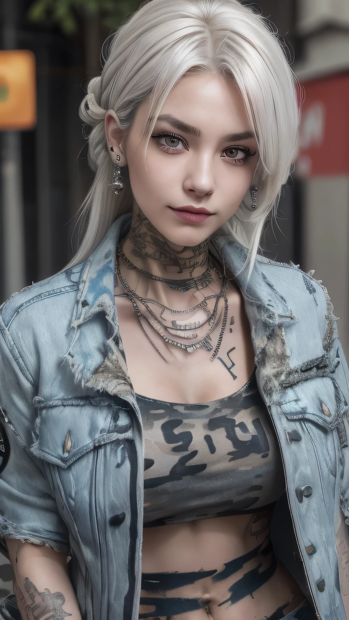 1girl, (eye closeup shot:1.4), (grinning:1.3), (best quality, masterpiece, ultra detailed, ultra high res, photorealistic, raw photo, absurdres, absolutely resolution:1.5) (fully clothed:1.5)(detailed eyes:1.5)
(white hair, colored inner hair, black hair:1.5)
(five fingers:1.3)(White, Albinism)

Punk Girl 25yo, (Gorgeous punk hairstyles:1.2) (fully clothed:1.3)
(small breasts:0.8)(She is densely tattooed on neck, tattooed chest, tattooed arms, wrists:1.3)
(eyebrow piercing:1.5)

(Many earrings:1.3)(many bracelet:1.3)(many necklaces:1.3)(Many piercings:1.2)(many_helix_rings:1.3)

(shredded denim jacket:1.5)(camouflage shirt:1.4). ((tattoo))

(detailed background:1.5) on the street (looking to the side:1.3)
