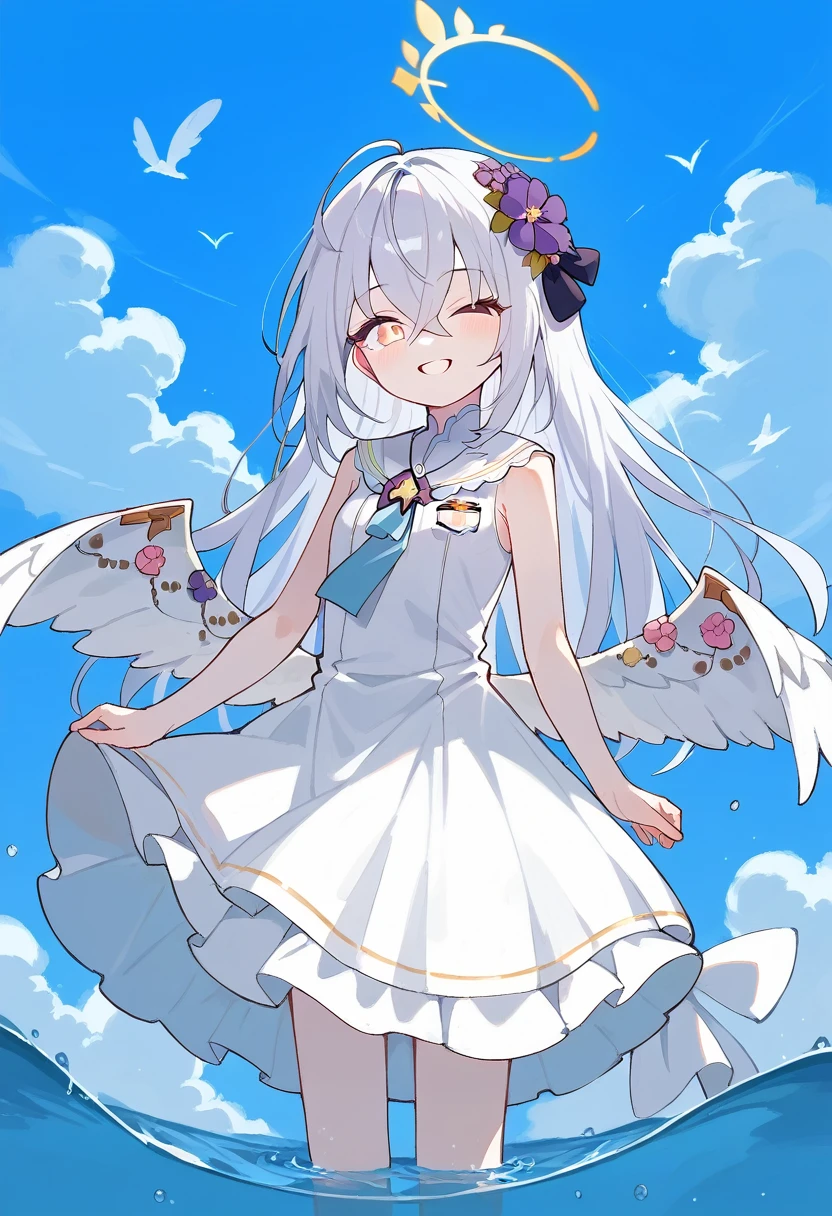 azusa (blue archive),  1girl ;o ^^^ dress flower hair_flower hair_ornament hafting_own_clothes long_hair one_eye_closed pink_eyes purple_flower simple_background sleeveless sleeveless_dress solo standing wading water white_background white_dress white_hair white_wings wings yellow_halo smile masterpiece, best quality