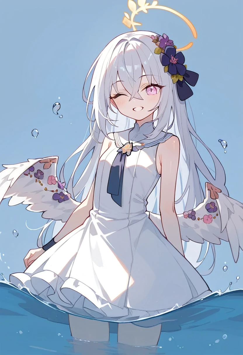 azusa (blue archive),  1girl ;o ^^^ dress flower hair_flower hair_ornament hafting_own_clothes long_hair one_eye_closed pink_eyes purple_flower simple_background sleeveless sleeveless_dress solo standing wading water white_background white_dress white_hair white_wings wings yellow_halo smile masterpiece, best quality