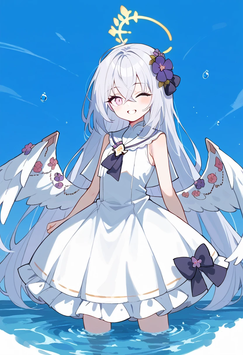 azusa (blue archive),  1girl ;o ^^^ dress flower hair_flower hair_ornament hafting_own_clothes long_hair one_eye_closed pink_eyes purple_flower simple_background sleeveless sleeveless_dress solo standing wading water white_background white_dress white_hair white_wings wings yellow_halo smile masterpiece, best quality