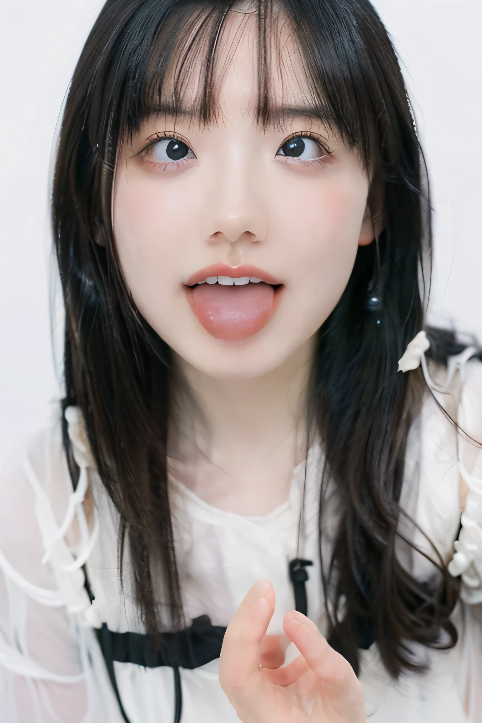 A woman with mouth open, trying to catch nonexistent raindrops with her tongue, drooling, sweating and dirty, shot from above against a white background, extremely surprised expression