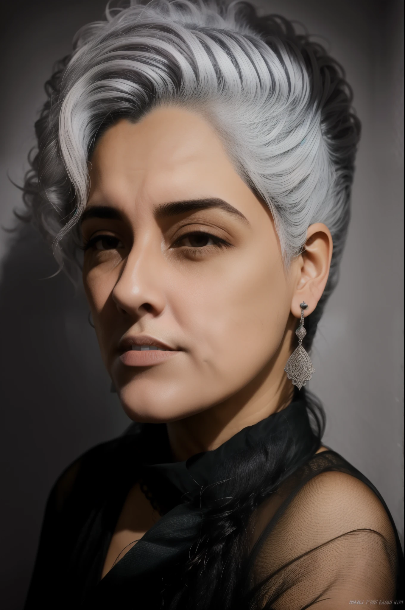 highly Thetalhado, 8k, masterpiece, 1 , Bicolor Gray_Hair, dress , , (perfect_face), ornate, intricate, Dramatic Lighting, 4K, Thetalhado_Bottom, caustics, portrait, , The_side  