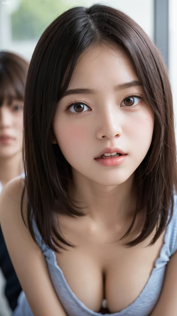 (((Extremely detailed、Ultra-high resolution、masterpiece、Highest quality)))、顔のUltra-high resolutionクローズアップ、long, straight black hair、So that every single hair is clearly visible、The subtle color changes of hair depending on how the light hits it、 The skin is white and smooth、Skin has a natural glow、Fine skin texture、Representing the fine details of pores、Details of the light redness on the forehead and cheeks、The eyes are almond-shaped and dark brown.、Eyes with fine iris details、The eyes depict color gradations and patterns.、Long, natural-looking eyelashes, each and every one visible、Well-groomed eyebrows、眉毛のindivual々The hair is clearly visible、Light reflecting off into the eye、The light in the eyes creates small highlights、The nose is delicate、Fine detail on the nostrils、Lips are plump and naturally pink、Depicts the fine lines and soft curves of the lips、lips are shiny and、The gloss on your lips accentuates their shape.、(((Detailed depiction of lip texture、Particular attention to the depiction of light and shadow、Soft natural light gently illuminates the face from the front、A faint glow on the forehead、A slight shine on the nose、A slight glow on the cheeks、Shadows are cast softly along the contours of the face、Accentuate the sides of your cheekbones、Accentuate the sides of the jawline、Emphasize the sides of the nose、The gloss on her lips reflects the light faintly、Lips emphasize the plump texture、The shadow of the hair gives depth and dimension、indivual々The hair shines in the light、The background is simple and blurred.、Focus on the face 
