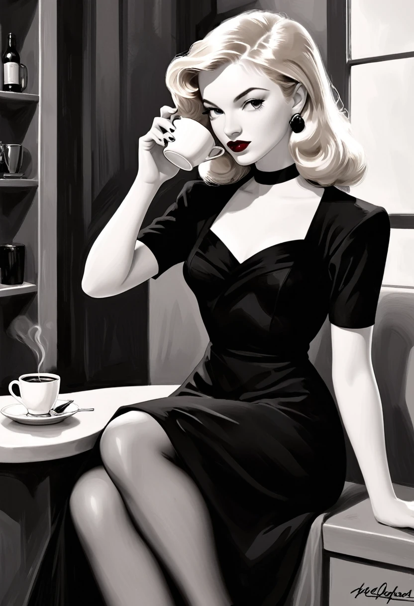 Drinking a cup of coffee. (black and white), pinup,(monochrome).(rule of thirds),((hyper-realistic illustration:1.4)) Beautiful 21 yo woman, blonde, 1940s fashion, mascara, lipstick, ((black dress)), high heels. 