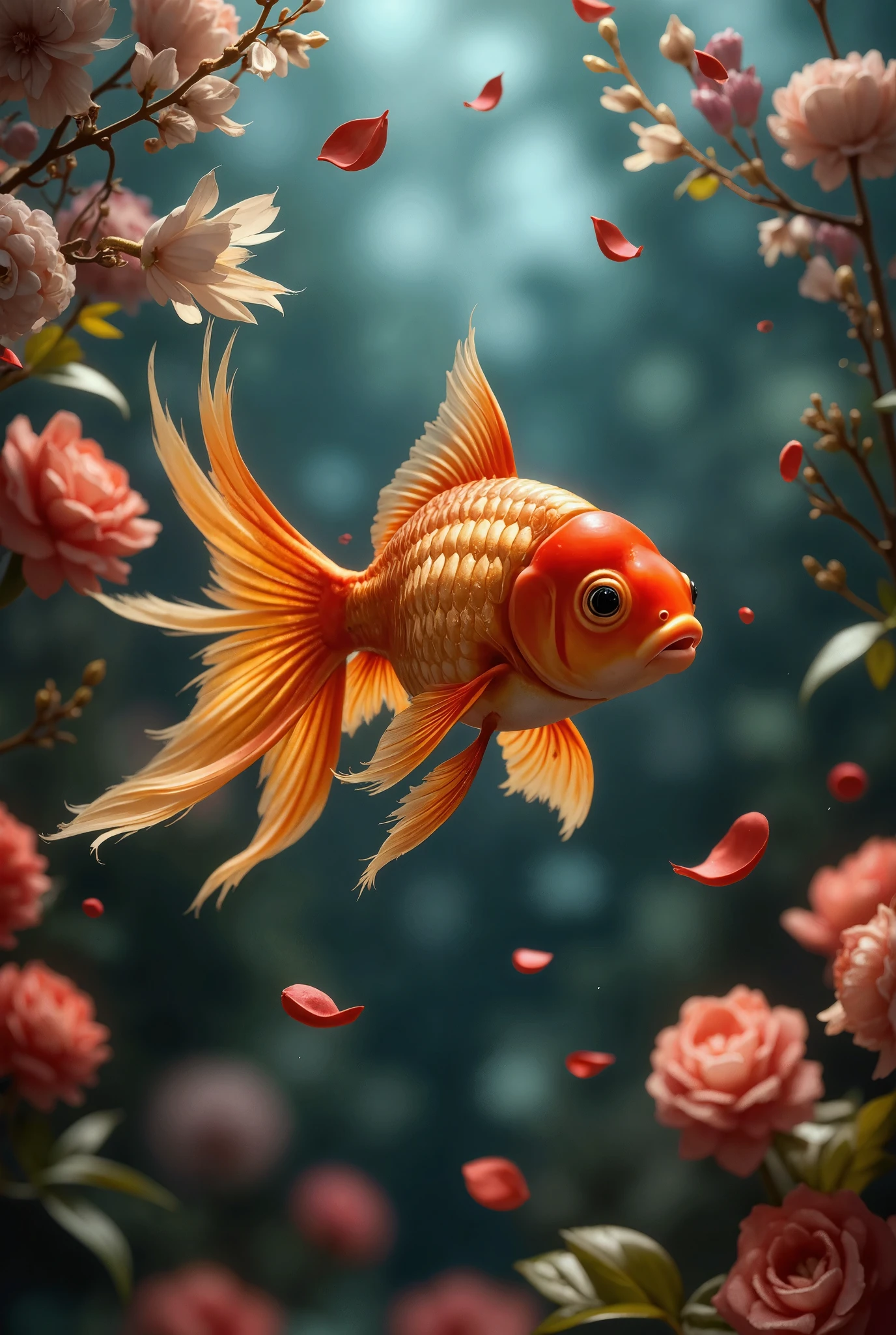 A high-fidelity, award-winning digital art masterpiece in breathtaking 16K resolution, showcasing a magnificent goldfish as the central focus of a stunning underwater floweeld. The goldfish is rendered with exquisite detail, its radiant scales reflecting shimmering light, creating a dazzling, ethereal glow. Its flowing fins move gracefully with the underwater current, enhancing its elegance as it swims through vibrant underwater flora. Surrounding the goldfish, delicate flower petals float in the water, carried by a dramatic current, while soft, rising bubbles add to the serene yet dynamic atmosphere. Macro-level detail captures the intricate textures of the fish’s shimmering body and the vibrant hues of the petals and plants. Shimmering light filters through the water, highlighting the goldfish’s beauty and creating a magical interplay of light and shadow. The scene is cinematic, with a dark, moody undertone, enhanced by subtle film grain and an anti-glare effect from soft underwater lighting. Powered by Unreal Engine and RTX-level graphics, this hyper-realistic masterpiece blends cinematic photography with digital artistry, immersing viewers in the captivating motion and radiant beauty of the goldfish at the heart of the underwater world.