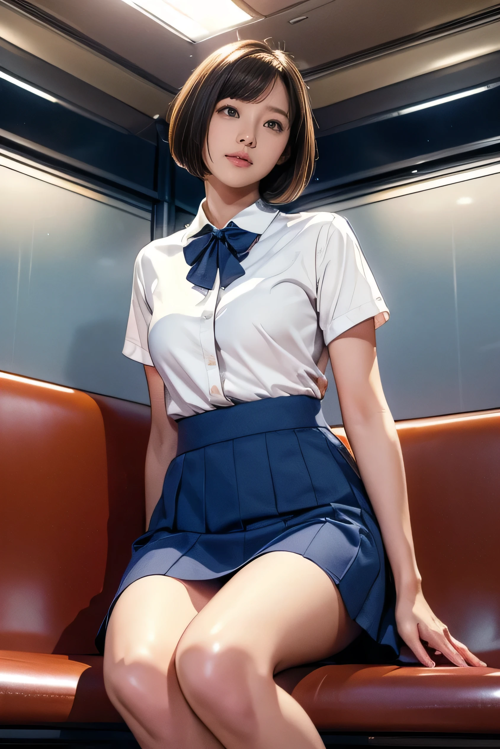 SFW, top-quality, ​masterpiece, beautiful high school girls in uniforms are sitting on a bath, Girl has open legs, She has medium bob hair, plump big breasts, The sky is blue, the sunlight is strong, and the scene is captured from a low-angle perspective, Medium bob hair, lightbrown hair, plump big breasts, Open legs, showing panties, white panties, red blush, White blouses, pleatedskirt, high socks, lowfers,