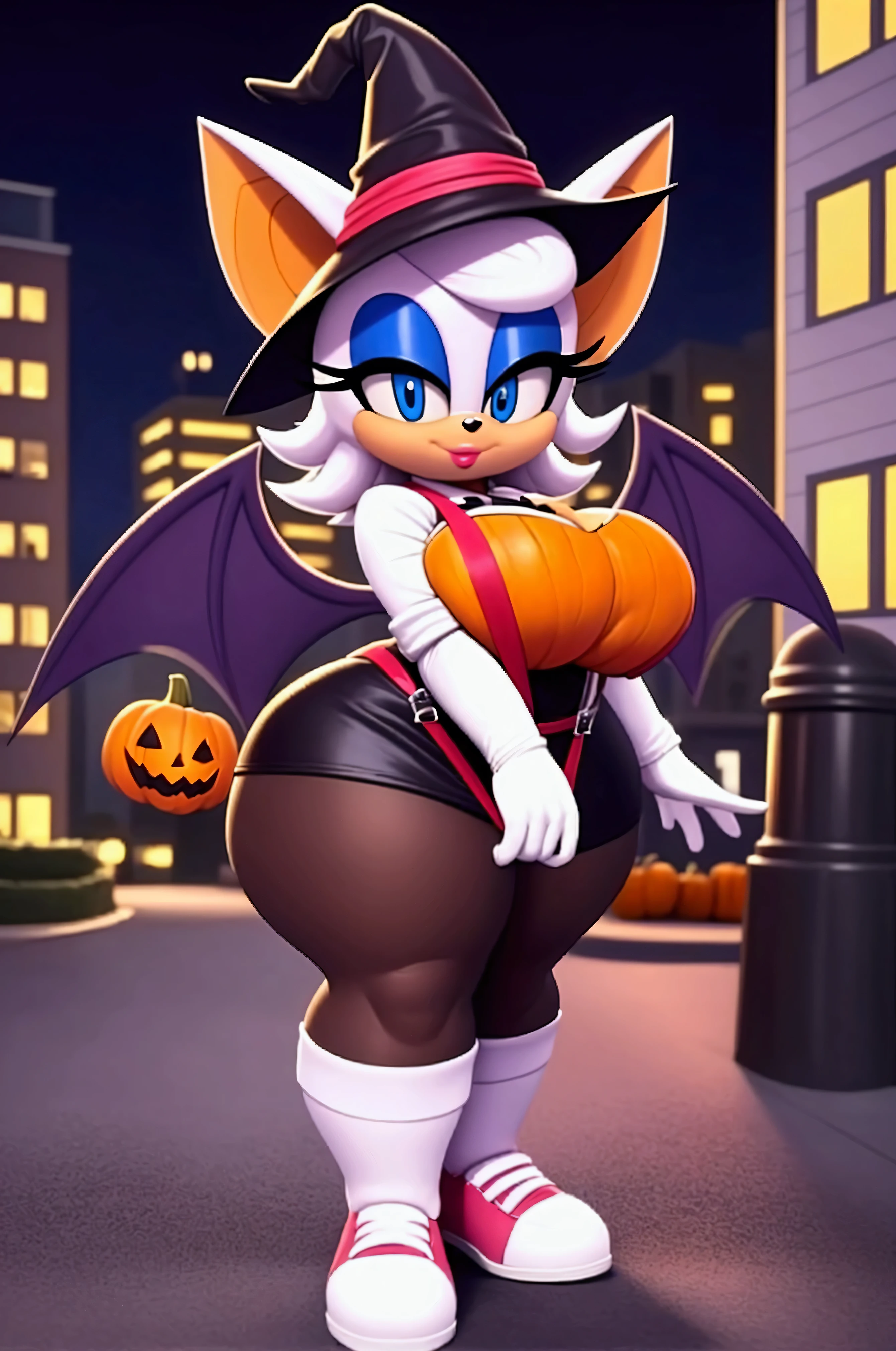 Rouge the bat,Halloween hat,She wears a thigh-length black skirt,black stockings with suspenders,white gloves,blue eyes ,white sneakers,flirtatious look,in the city , pumpkins,in the background a building,Night animation with big breasts, big thighs 