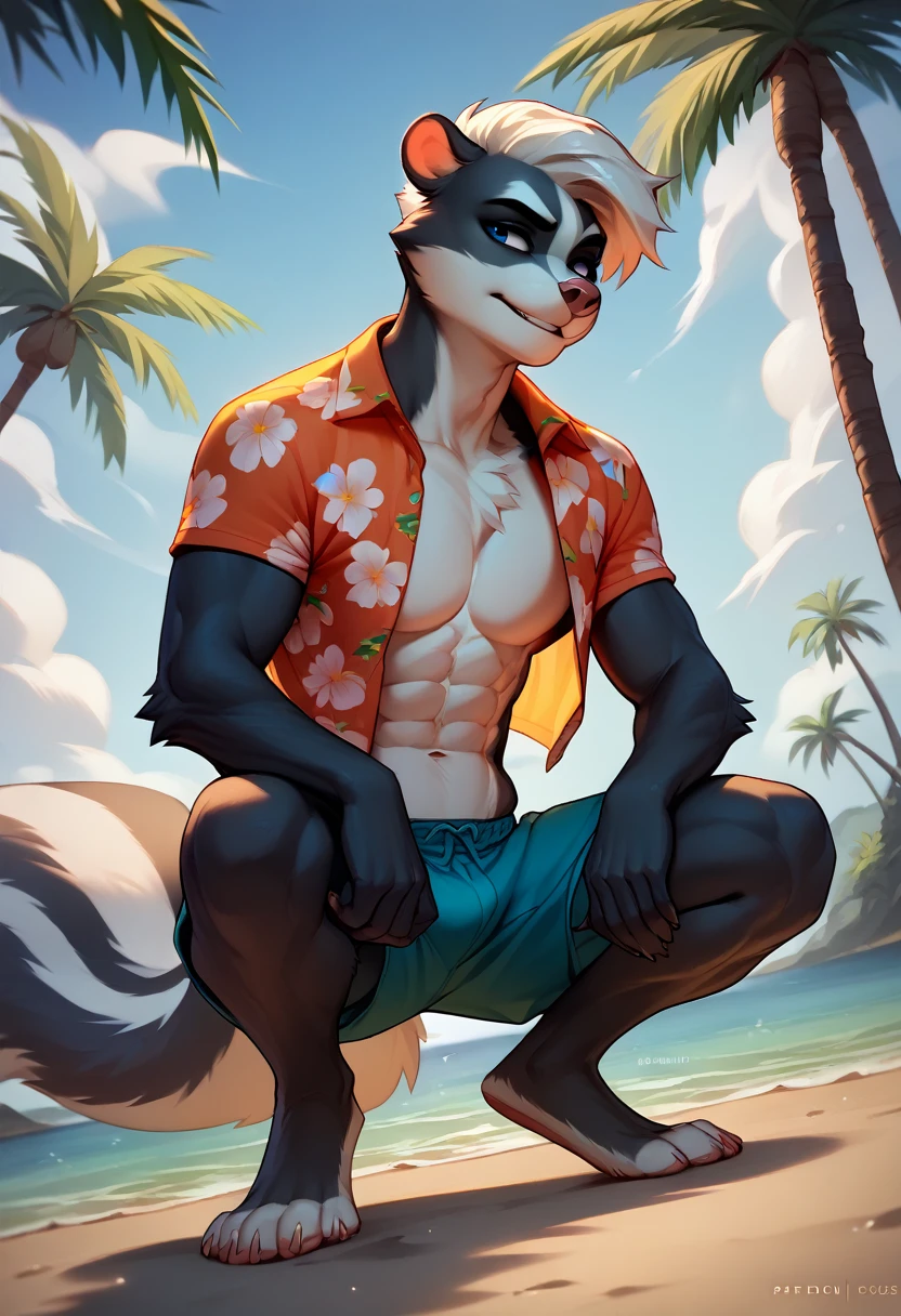 Artistic portrait work, appearance: Alone, furry, skunk, masculine, abs on body, with Pompadour hairstyle, attire: a short, and open Hawaiian shirt, background behind: playa, ocean, palm trees, pose: crouching, cara lateral, looking at the ocean, angle shot: mid body.