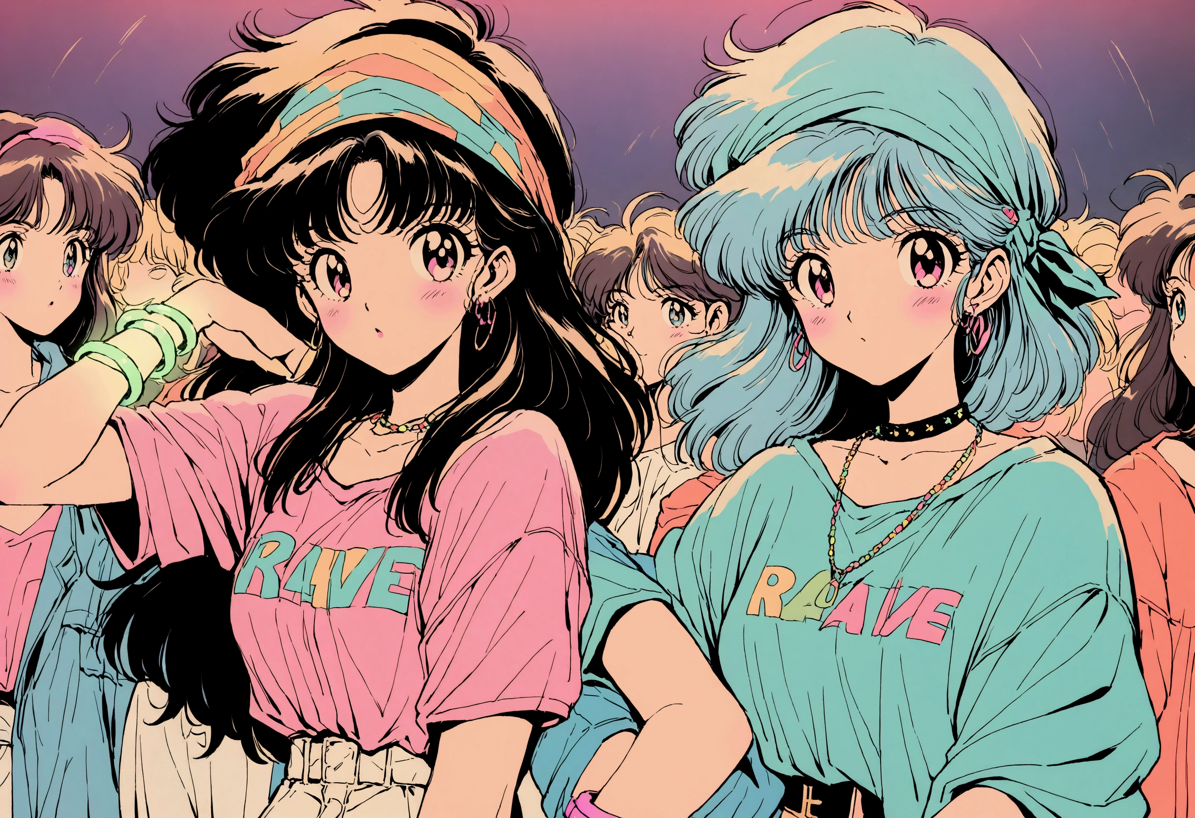Two beautiful girls、80s anime style, Dancing at a midnight rave,Retro, Lo-Fi, Wearing a bandana and baggy clothes、Many people are dancing wildly、90s rave fashion, Fluorescent Bracelet