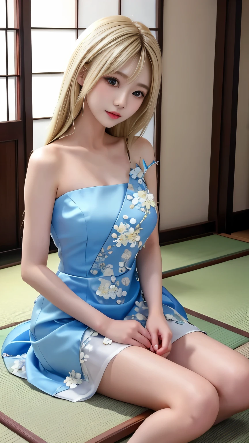 She has shoulder-length blonde hair、Beautiful looking young Japanese woman。She is wearing a pretty white dress with blue flowers。Mira