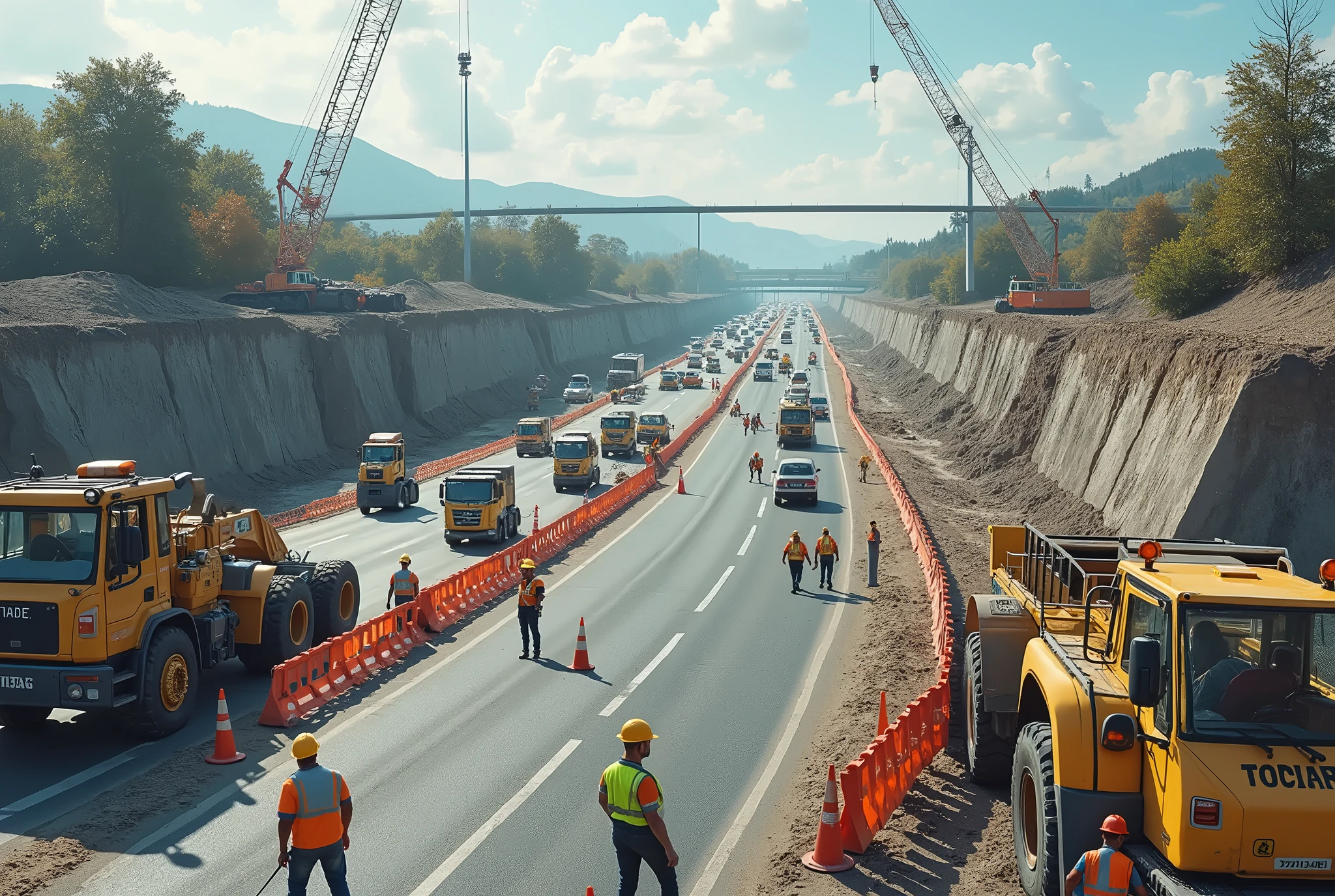 Tilt-shift photography, tiny little miniature contruction men building-up a complex road, action scene.