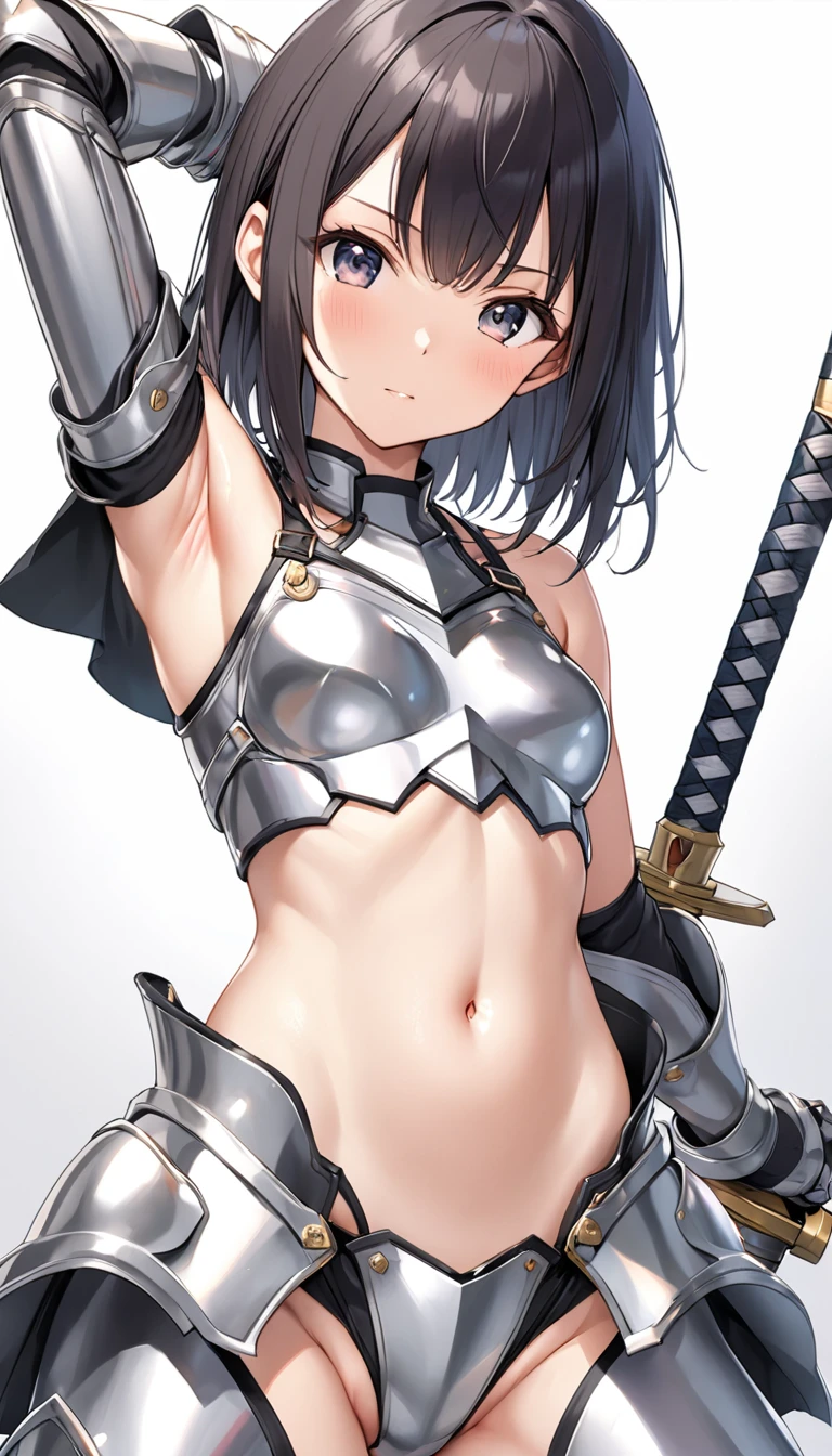 female knight Black Hair armor Torn white skirt White underwear battlefield White bra bandage Anguished expression