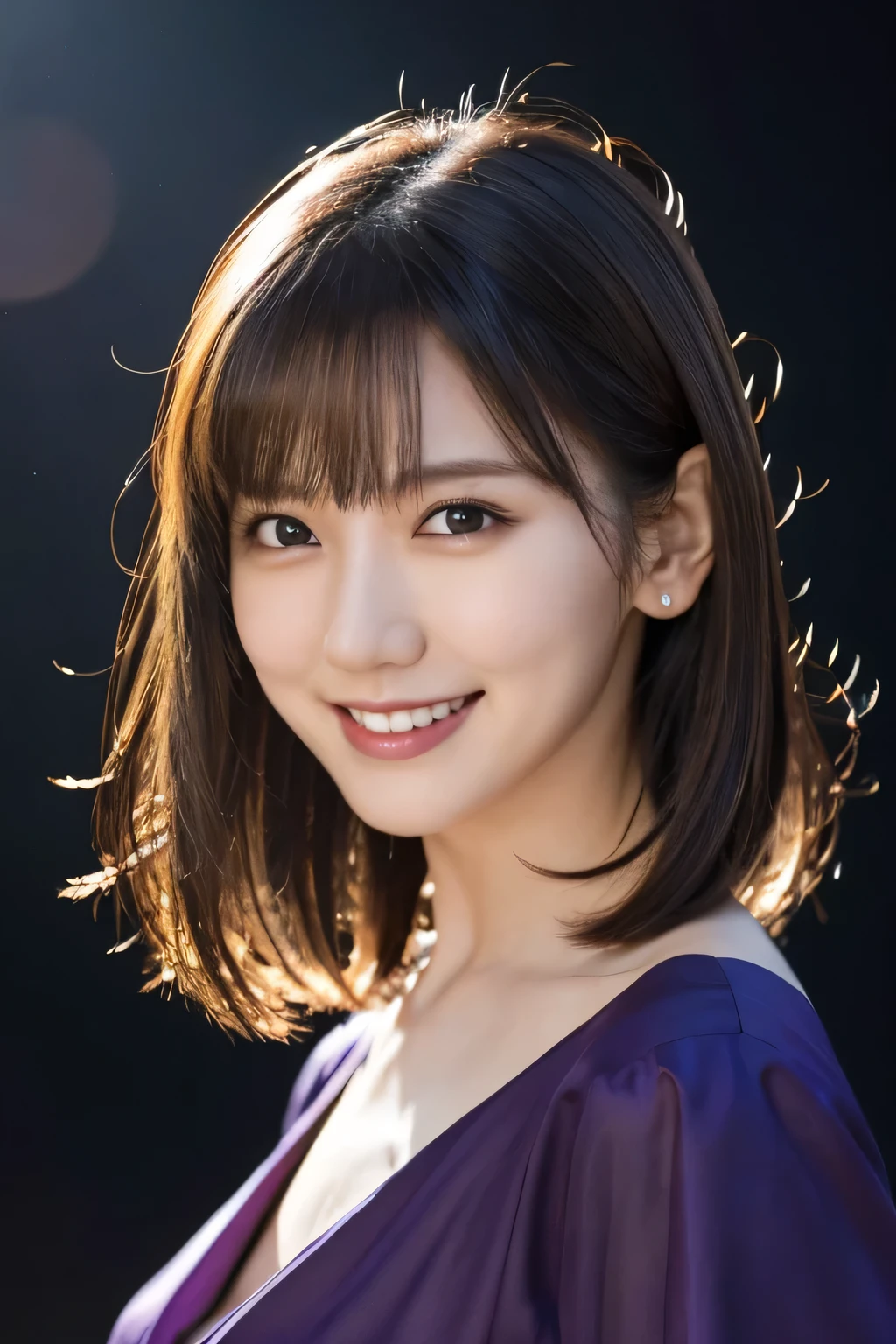 1 girl, (Wearing a deep purple outfit:1.2), Very beautiful Japanese idol portraits, 
(RAW Photos, highest quality), (Realistic, Realistic:1.4), (masterpiece), 
Very delicate and beautiful, Very detailed, 2k wallpaper, wonderful, finely, Very detailed CG Unity 8k wallpaper, Very detailed, High resolution, Soft Light, 
Beautiful detailed girl, Very detailed目と顔, Beautiful and sophisticated nose, Finely beautiful eyes, Cinema Lighting, 
(Simple light color background:1.3),
(Medium Hair), 
Complete Anatomy, Slender body, Small breasts, smile,dynamic production, cinematic lighting 