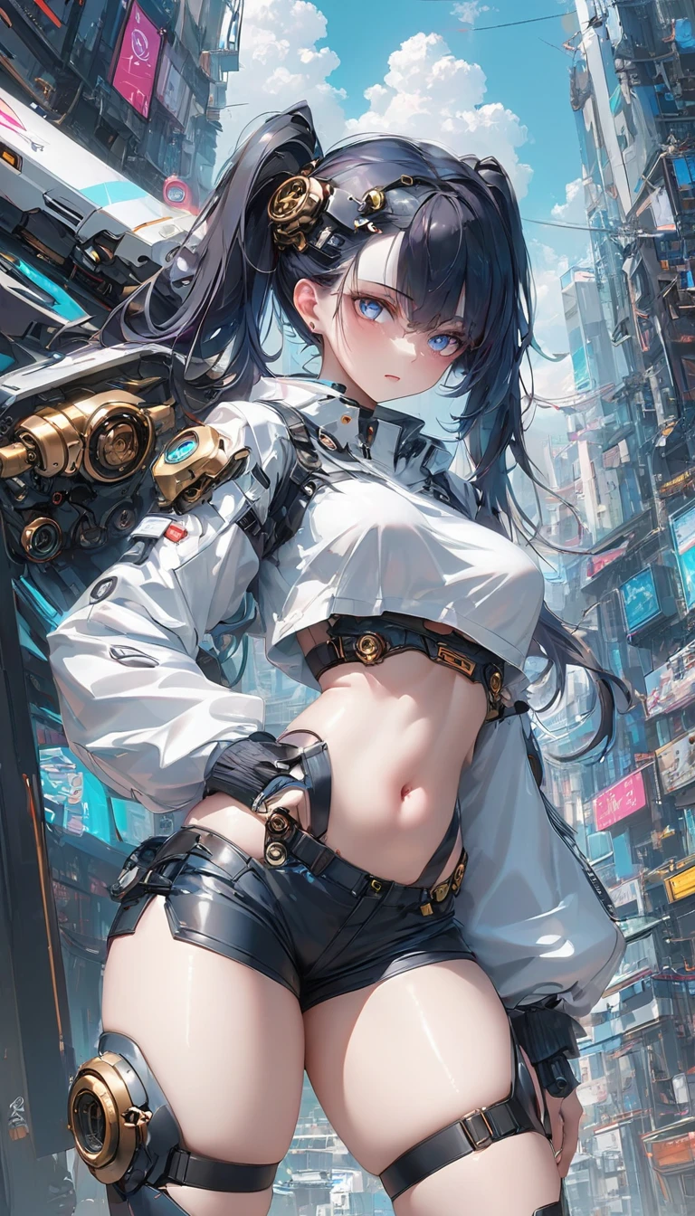 (cityscape:1.5), (NSFW, topless bare small middle boobies, uncensored bare pussy:1.5), (Face of love, I'm so happy:1.5), (mecha musume, cyborg girl:1.5), low teen, stylish angle, stylish pose, (headphone, mechanical fuselage, mechanical clothing), looking at the viewer, bangs cut off, (blue mini skirt:1.5), plastic corset, Beautiful light effect, glowing skin, (removable long sleeves, very wide sleeve:1.5), (caution decal, corporate logotype:1.2), (small open mouth:0.8),
