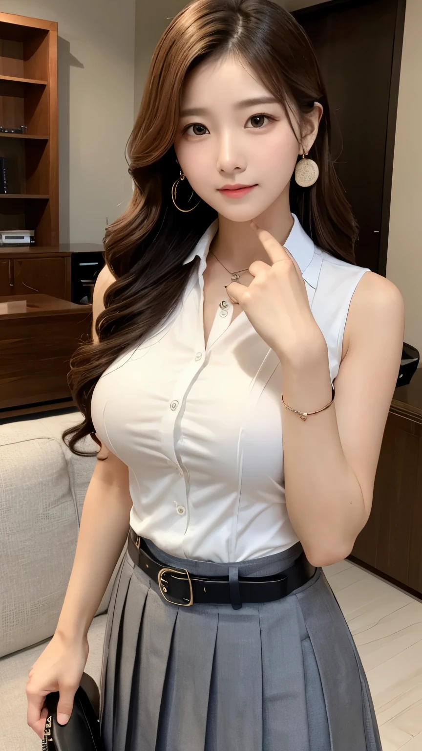 high quality)、(high resolution)、Professional Lighting、Thin and beautiful legs、Narrow waist、(Big Breasts)、Erect nipples、Smiling and ecstatic expression、whole body、A classy sleeveless blouse with buttons and a collar、skirt、sofa