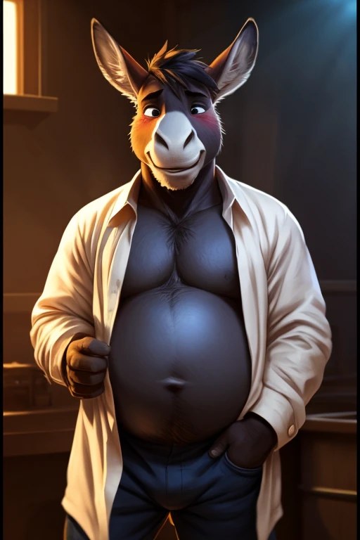 Male, chubby, donkey, farm Open shirt, belly, chubby belly, wardrobe malfunction , kind expression, shy, fine details, makoto shinkai kyoto animation key art, trending on artstation, trending on CGsociety, modelshoot style, extremely detailed CG unity 8k wallpaper, realistic, masterpiece, highest quality, unreal engine, trending on ArtStation, Intricate, High Detail, dramatic, realism, beautiful and detailed lighting, shadows, male, by darkgem, by tankh
