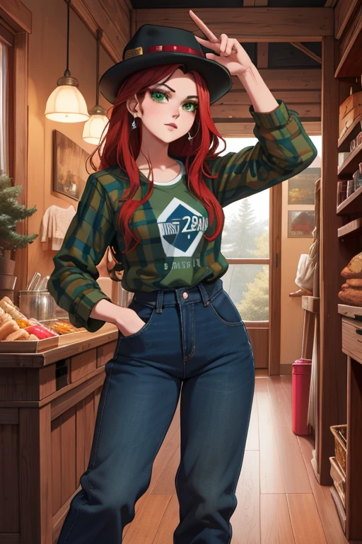 a young adult woman, Wendy Corduroy from the Disney+ series Gravity Falls, tall and slender, with green eyes, pale skin, long red hair, wearing a brown and black lumberjack hat, a long-sleeved green plaid shirt with the sleeves rolled up, large bust, blue jeans and muddy boots, grey-blue earrings, usually has a nametag on her clothes, in the setting of an antique shop