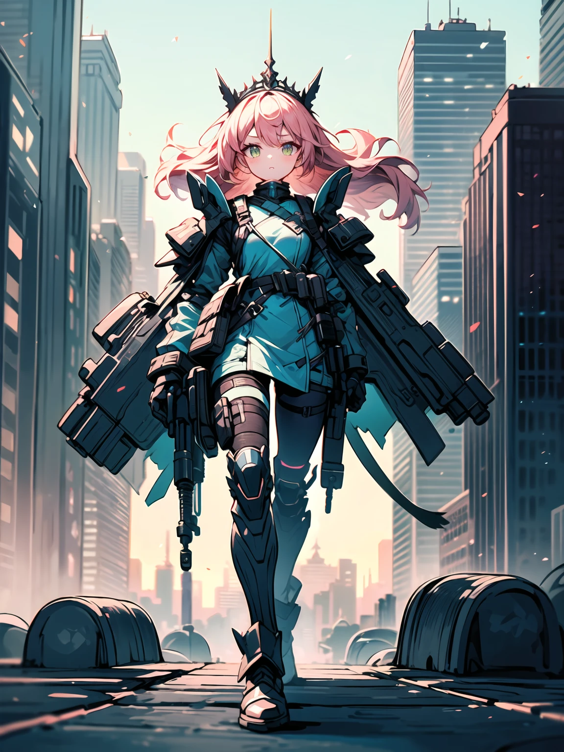 1girl, underwear, pink_hair, panties, outside_border, mecha_musume, pantyhose, signature, skirt, thighband_pantyhose, two-tone_background, panties_under_pantyhose, mecha, character_name