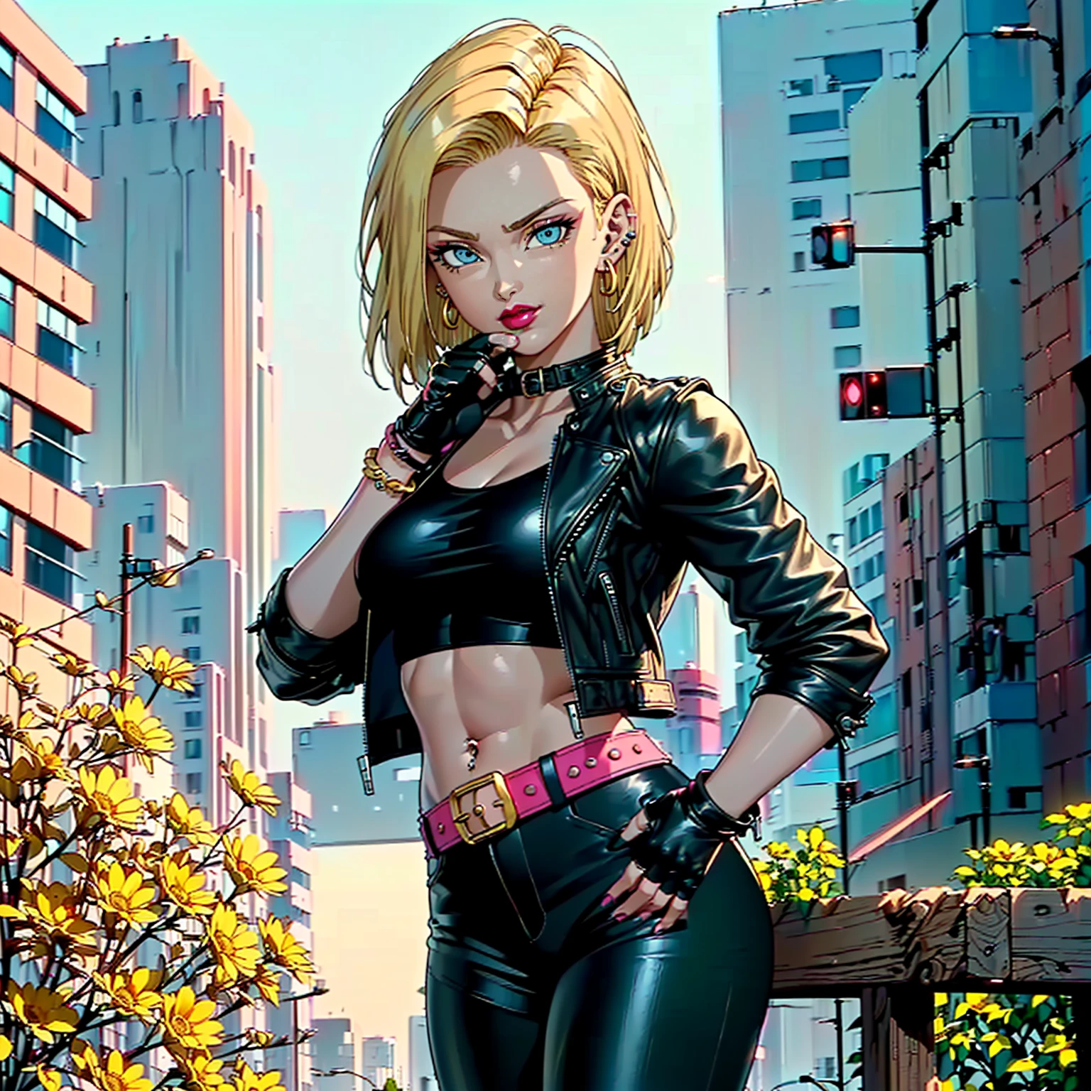 ((1girl, solo ,alone, (Android 18, 1girl, android 18, solo, blonde hair, short hair, blue eyes, earrings, jewelry), muscular female, gold bracelets, ruby earrings)), fitness, ((solo, (1woman, pink lipstick), Extremely detailed, ambient soft lighting, 4k, perfect eyes, a perfect face, perfect lighting, a 1girl)), ((fitness, , shapely body, athletic body, toned body)), (( biker woman, rocker woman, punk woman, black jacket, leather jacket, gray t-shirt, black pants, leather pants, belt, , flower, city, park, square, trees, buildings, sunny day, smug, black gloves, leather glove, hands on waist, fingerless glove ))