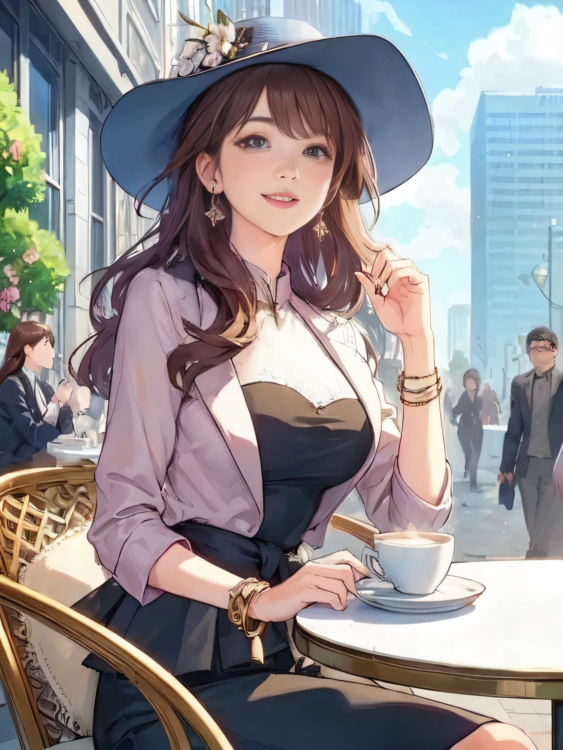 1lady solo, (sitting at terrace seat), (peplum) (stylish outfit), mature female, /(brown hair/) bangs, kind smile, (masterpiece best quality:1.2) delicate illustration ultra-detailed, large breasts BREAK (fragrant latte on the table) BREAK (fashionable cafe terrace) outdoors, main street crowded, spring flowers, detailed background ,amazing sapraizz, dynamic production, cinematic lighting, extremely fine and beautiful colors, extremely beautiful and fain design, high resolution 