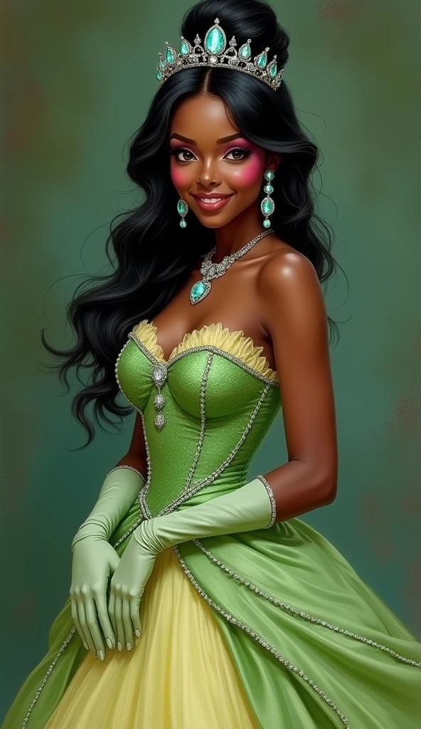 <lora:Tiana_character:0.5>,tianawaifu,1girl,black hair,very dark skin,african american,solo BREAK [SEP],
skimpy green dress,tiara,high heels,sexy green dress BREAK [SEP],
(deep plunging neckline, cleavage,bare shoulders, revealed cleavage,exposed medium breasts,navel,colarbone,covered nipples:1.1) BREAK [SEP],
(ambient lighting:1.1),(ultra realistic,32k,RAW photo:1.1),(high detailed skin:1.1),8k uhd,dslr BREAK [SEP],
high quality,film grain,(shiny glossy translucent clothing:1.1) BREAK [SEP],
full shot,looking at viewer seductively,flirty smile,naughty face,simple background,(insanely detailed,best quality,masterpiece,photorealistic:1.3),