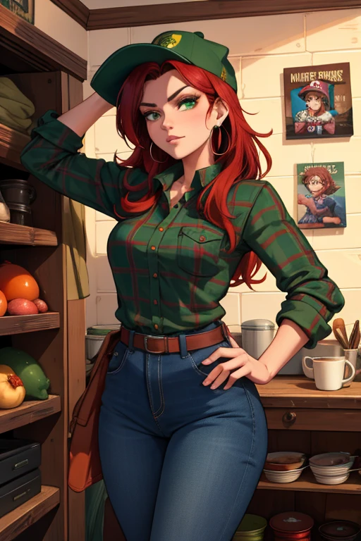 a young adult woman, Wendy Corduroy from the Disney+ series Gravity Falls, tall and slender, with green eyes, fair skin, long red hair, wearing a brown and black Trapper lumberjack hat, a long-sleeved green plaid shirt with the sleeves rolled up, large bust, blue jeans and muddy boots, blue-gray earrings, usually has a name tag on her clothes, in the Mystery Shack setting