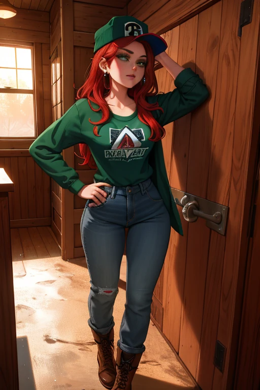 a young adult woman, Wendy Corduroy from the Disney+ series Gravity Falls, tall and slender, with green eyes, fair skin, long red hair, wearing a brown and black Trapper lumberjack hat, a long-sleeved green plaid shirt with the sleeves rolled up, large bust, blue jeans and muddy boots, blue-gray earrings, usually has a name tag on her clothes, in the Mystery Shack setting