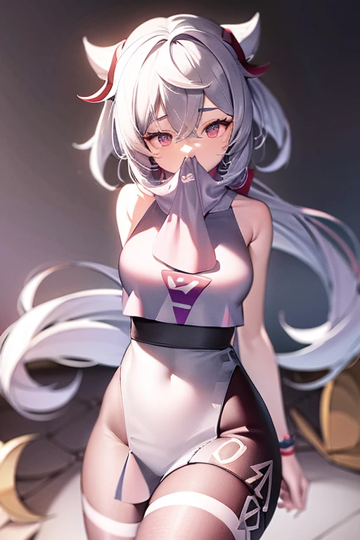 Female, white bandana covering her mouth, purple eyes, sleeveless white shirt, small waist, white hair, white pants, busty 