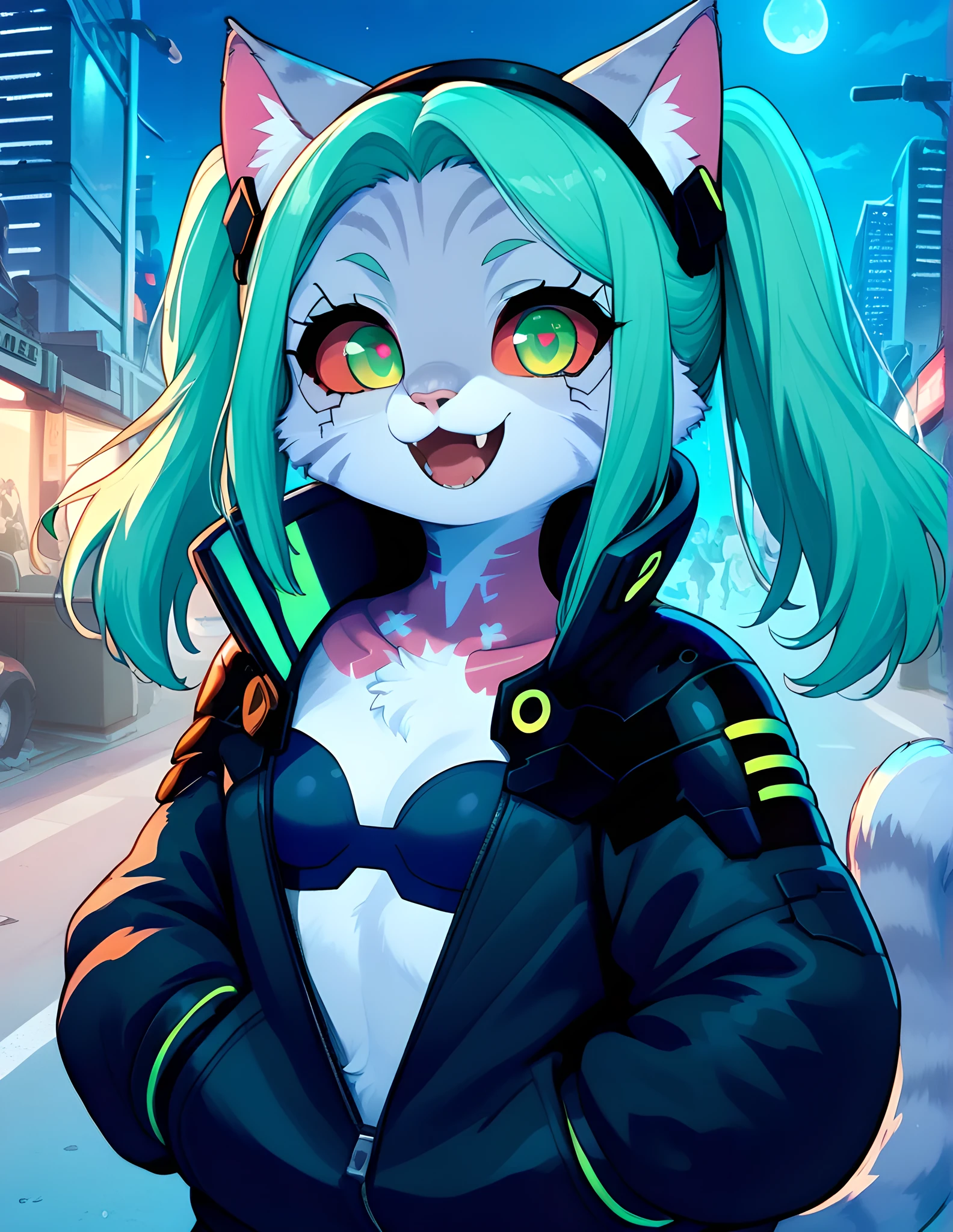 score_9, score_8_up, score_7_up, source_anime, Anthro, kemono style,kat, 1girl,solo, accaeberpnxl, rebecca \(cyberpunk\), (Anthro cat girl, cat mechanic ears, fluffy cat tail):1.2,long hair, green eyes, green hair, white fur, red sclera, artificial eyes, Anthro cyborg, red pupils, small breasts, twintails, underwear, hairband, bra, black jacket, tattoo, black hairband, black bra, leg tattoo,zipped jacket, neck tattoo, outdoors,cyberpunk, street, night, moon, looking at viewer, open mouth smile