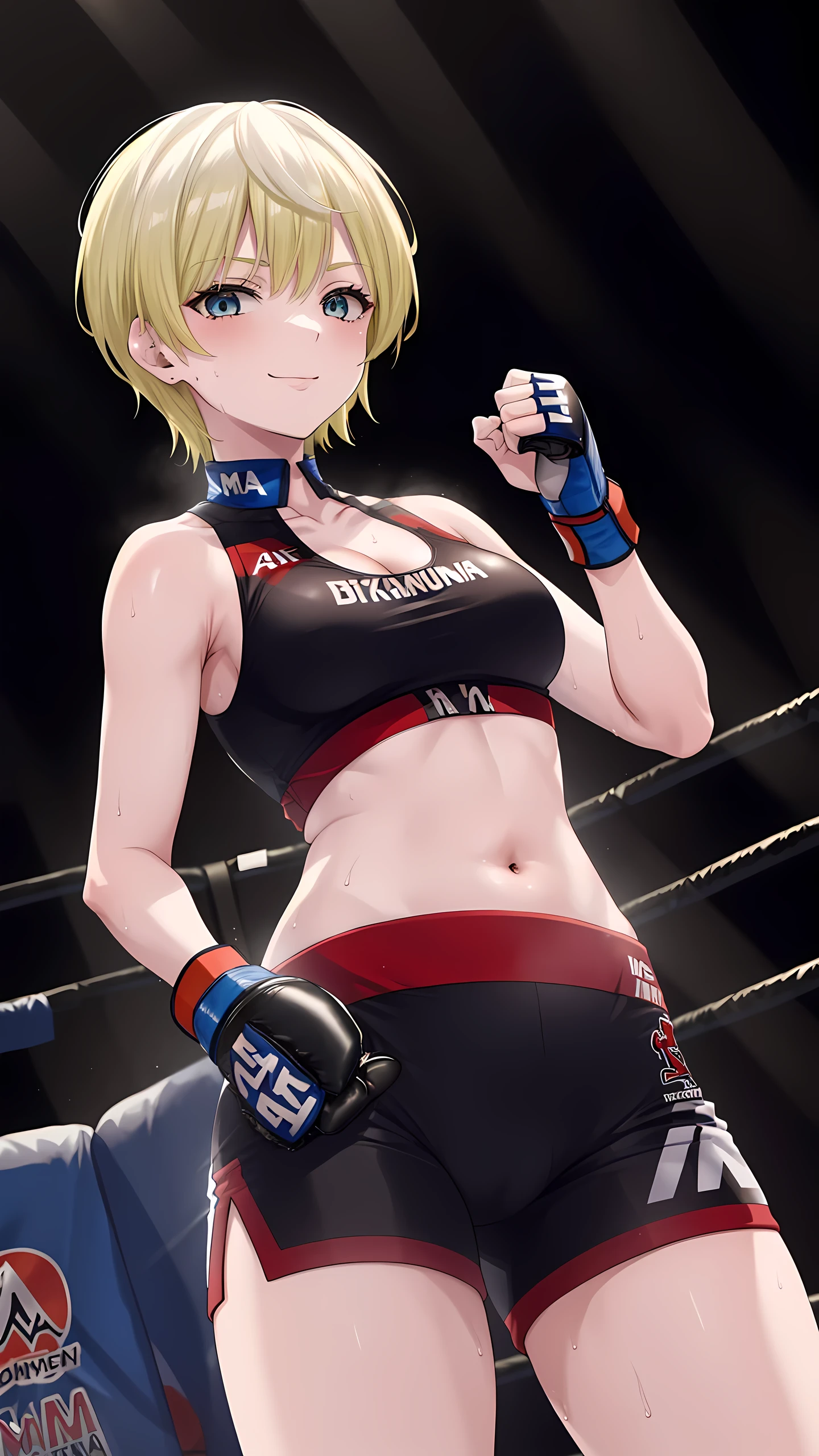tenkaizumo, izumo, tenka, short hair, Blue eyes, blonde, (1girl, 1person), 8K, masterpiece, Highest quality, Detailed eyes, Detailed face, medium breast,(wearing MMA uniform:1.5, short spats, bare thigh, cleavage, small belly button, small navel, sleeveless), Perfect body, (MMA Arena :1.5), Toned stomach, cowboy shot, looking at viewer, smirking, boxing stance, from below, sweaty,