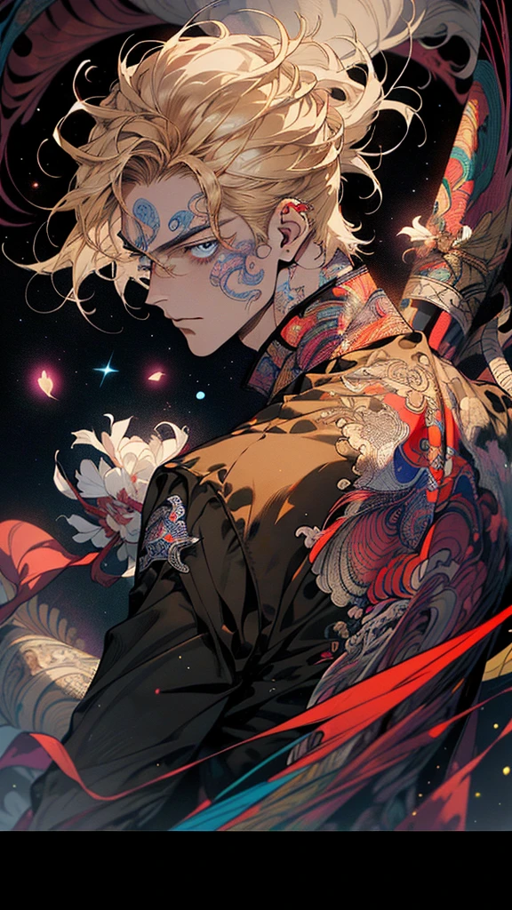 Realistic, (Masterpiece, Top Quality, Best Quality, Official Art, Beauty and Aesthetics: 1.2), Very Detailed, Fractal Art, Colorful, Most Detailed, Zentangle, (Abstract Background: 1.5) (1boy: 1.3), God, Blonde Hair, Short Hair, (Glowing Blue Eyes), Mysterious, (Magic), Starry Sky, Handsome Man, (((Lycoris radiata)))