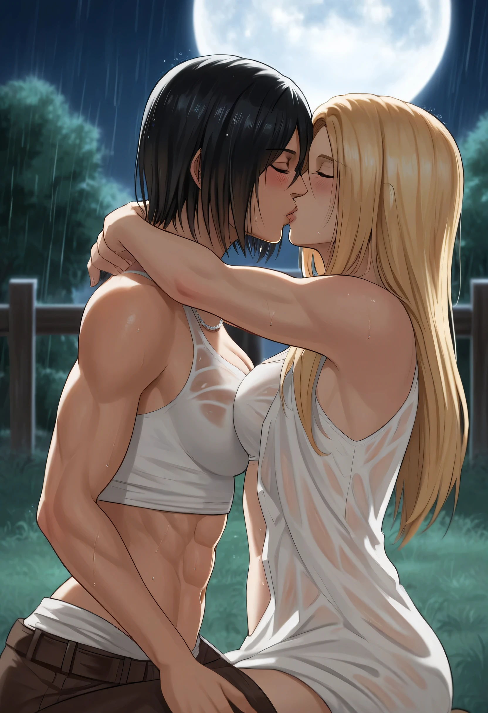 score_9, score_8_up, score_7_up, BREAK source_anime, historia reiss, blue eyes, blonde hair, long hair, medium breasts, long white dress sleeveless,female black hair soldier hugs historia,Mikasa with historia hugs,mikasa wreanig open green jacket and black combat pants,Mikasa female with short hair,mikasa female medium breasts,eyes closed,in night,moon in sky,mikasa final season,mikasa,Mikasa hugs historia،mikasa femboy,mikasa final season,historia blonde hair,hugs and kissing,mikasa carrying historia and kissing her,Mikasa lifts Historia up and kisses her.in middle night,raining outside,mikasa final season,girls kissing,girl×girl,lesbians,yuri,romantic wallpapers,historia sitting on mikasa and kissing her,Mikasa in both hands touch historia ass, raining,wet body's,water dropped on mikasa and historia body's,mikasa final season design,character's from season 4,historia crying while kissing mikasa,crying both,one of Historia hands touch mikasa abs,romantic kissing,wet clothes,deep hugs,Perfect generation, mikasa and historia soo white skins,4k,mikasa wreanig chains necklace,six-pack appearance in mikasa open green jacket,mikasa handsome girl,historia soo beautiful,historia skinny and soft body,mikasa lean muscles body,yuri hentai,both half naked 