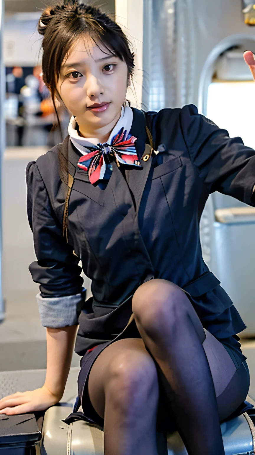 (High image quality、Advanced Details、8k)、((stewardess))、ANA、(Put your hair up、Hair Bun、good、Night Roll、French Twist、light grey jacket 5、White Shirt、Dark gray tight skirt 10、Blue Line 5、Blue scarf 5、Black Tights 6、White panties、Between the legs 1.5、underwear 、Small breasts、Pointed nipples、Female organ)、(The beauty of Japan、Beautiful appearance、double eyelid、Smile 3)、Spread your legs a little、"stewardess、In-flight、Wearing black pantyhose、、"Beautiful 27 year old Japanese woman,
stewardess姿で,
whole body,
Ultra-Realistic Photo Negative Prompts: (Strange:1.2) Destroy the face,
article, mark,mini skirt