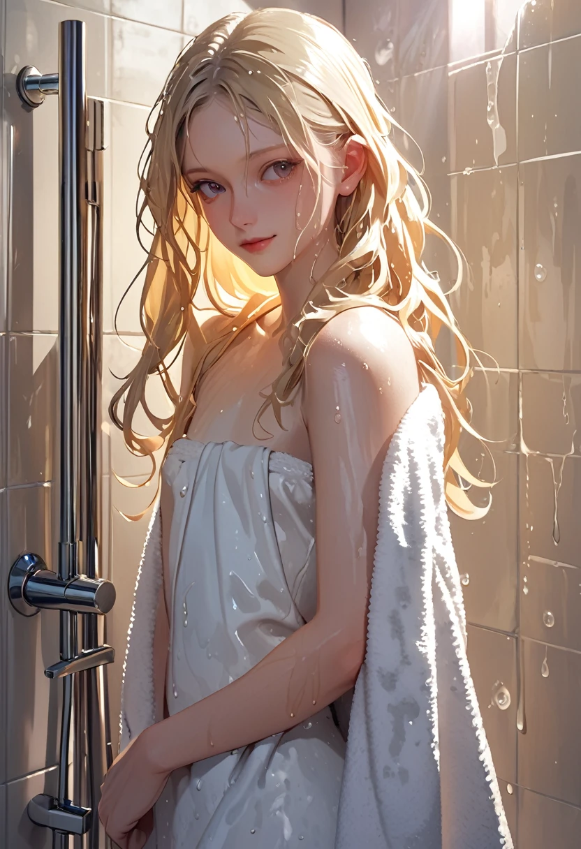 Getting out of the shower. (eye contact with camera),(ultra realistic illustration), intimate. Pretty 21yo Slavic woman, perfect figure, small natural breasts, blond hair, brown eyes, ((very pale:1.3)), very light makeup, (bathtowel:1.4). messy hair, loving gaze, sweetly smiling. quivering afterglow.((aroused:1.4)). ((wet and soapy)). recovering after her orgasm. Tender, emotional. Dreaming of her lover.