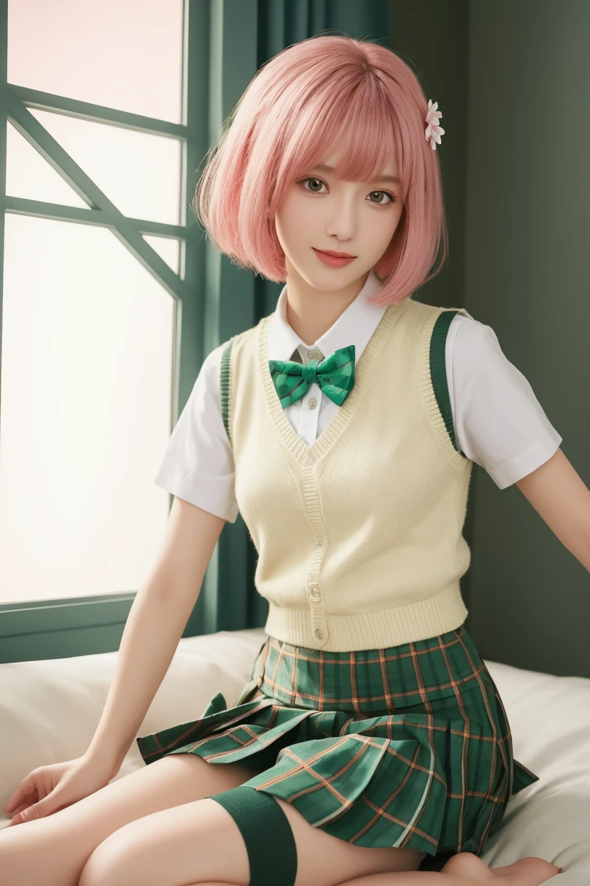 <lora:Yotsuba:0.95>,ulzzang-6500-v1.1,(raw photo:1.2),((photorealistic:1.4))best quality ,masterpiece, illustration, an extremely delicate and beautiful, extremely detailed ,CG ,unity ,8k wallpaper, Amazing, finely detail, masterpiece,best quality,official art,extremely detailed CG unity 8k wallpaper,absurdres, incredibly absurdres, huge filesize, ultra-detailed, highres, extremely detailed,beautiful detailed girl, extremely detailed eyes and face, beautiful detailed eyes,light on face,cinematic lighting,1girl,see-through,looking at viewer,outdoors, pleated_skirt,green_skirt, nakano_yotsuba, shirt, white_shirt, school_uniform, kneehighs, loafersblack_legwear,short_hair, ((blazer)), jacket, open_jacket, bow, green_bow