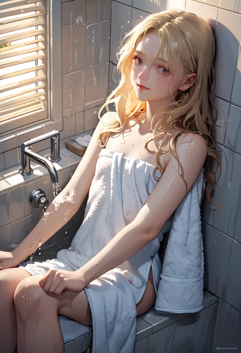 Getting out of the shower. (eye contact with camera),(ultra realistic illustration), intimate. Pretty 21yo Slavic woman, perfect figure, small natural breasts, blond hair, brown eyes, ((very pale:1.3)), very light makeup, (bathtowel:1.4). messy hair, loving gaze, sweetly smiling. quivering afterglow.((aroused:1.4)). ((wet and soapy)). recovering after her orgasm. Tender, emotional. Dreaming of her lover.