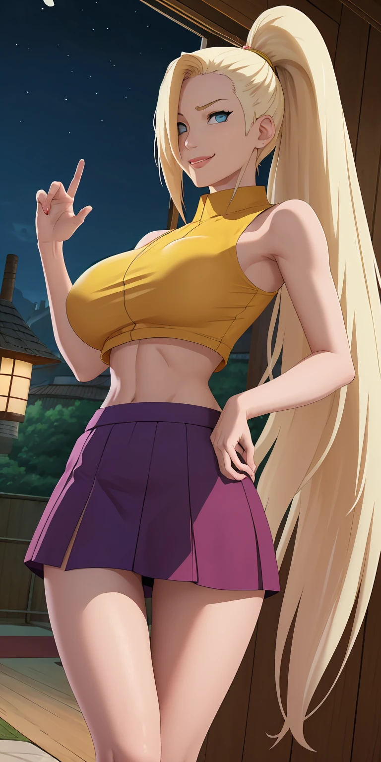 masterpiece, best quality, extremely detail 8k cg, high resolution, 1girl, solo, mature female, Skirt_InoYamanaka_ownwaifu, blonde hair, blue eyes, hair over one eye, large breasts, long hair, ponytail, crop top, midriff, miniskirt, bare shoulders, bow, purple skirt, sleeveless, yellow shirt, titsonastick, skindentation, bare shoulders, thigh gap, seductive expression, smirk, beautiful face, night time, konohavillage, medium full shot