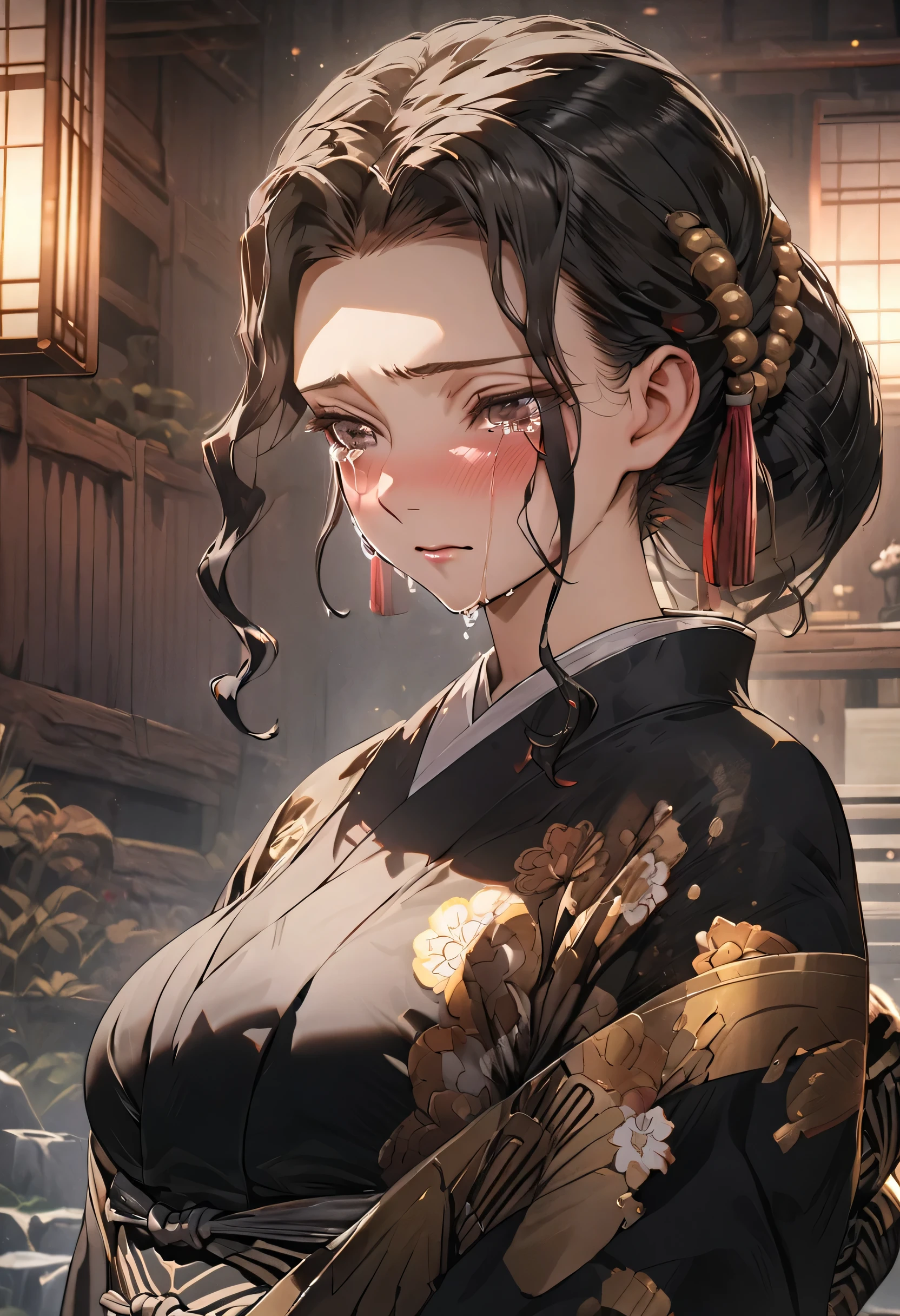 Muzan Kibutsuji,big breasts, neckline,Japanese room, sad expression, crying,detailed background,HD, 8K, very good quality, Masterpiece, perfect and detailed face, detailed limbs, ultra quality, ultra detailed,good anatomy, good lighting